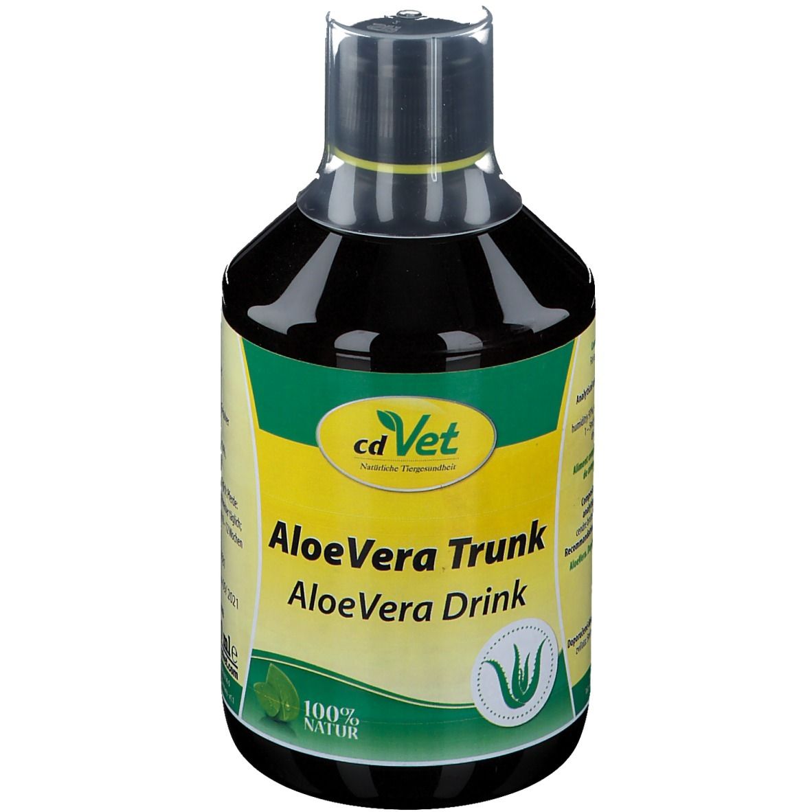 Bouteille noire avec gobelet doseur, cdVet AloeVera Trunk.