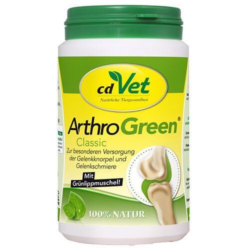 Boîte cd Vet ArthroGreen Classic avec couvercle vert. La face avant montre une image d'articulation et le logo feuille.