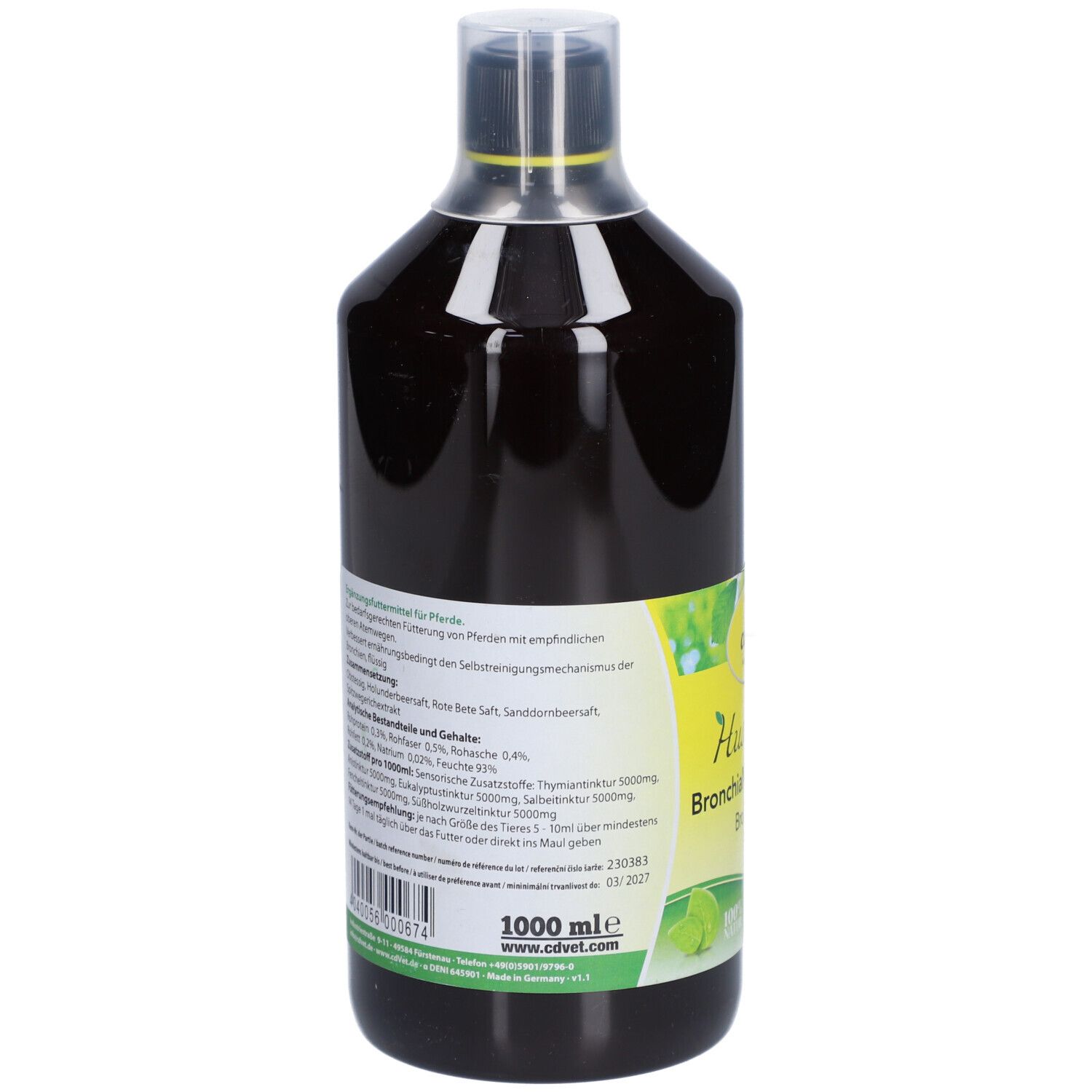 Arrière d'une bouteille cdVet HustenVital pour chevaux, 1000 ml.