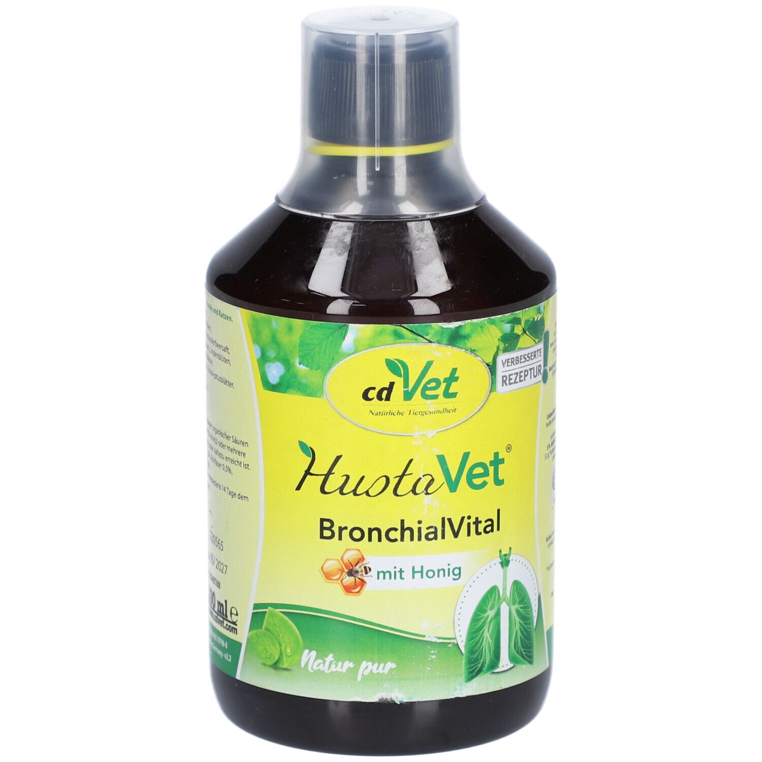 Liquide brun en bouteille. Inscription: cd Vet, HustaVet BronchialVital avec miel. Illustration d'un poumon.