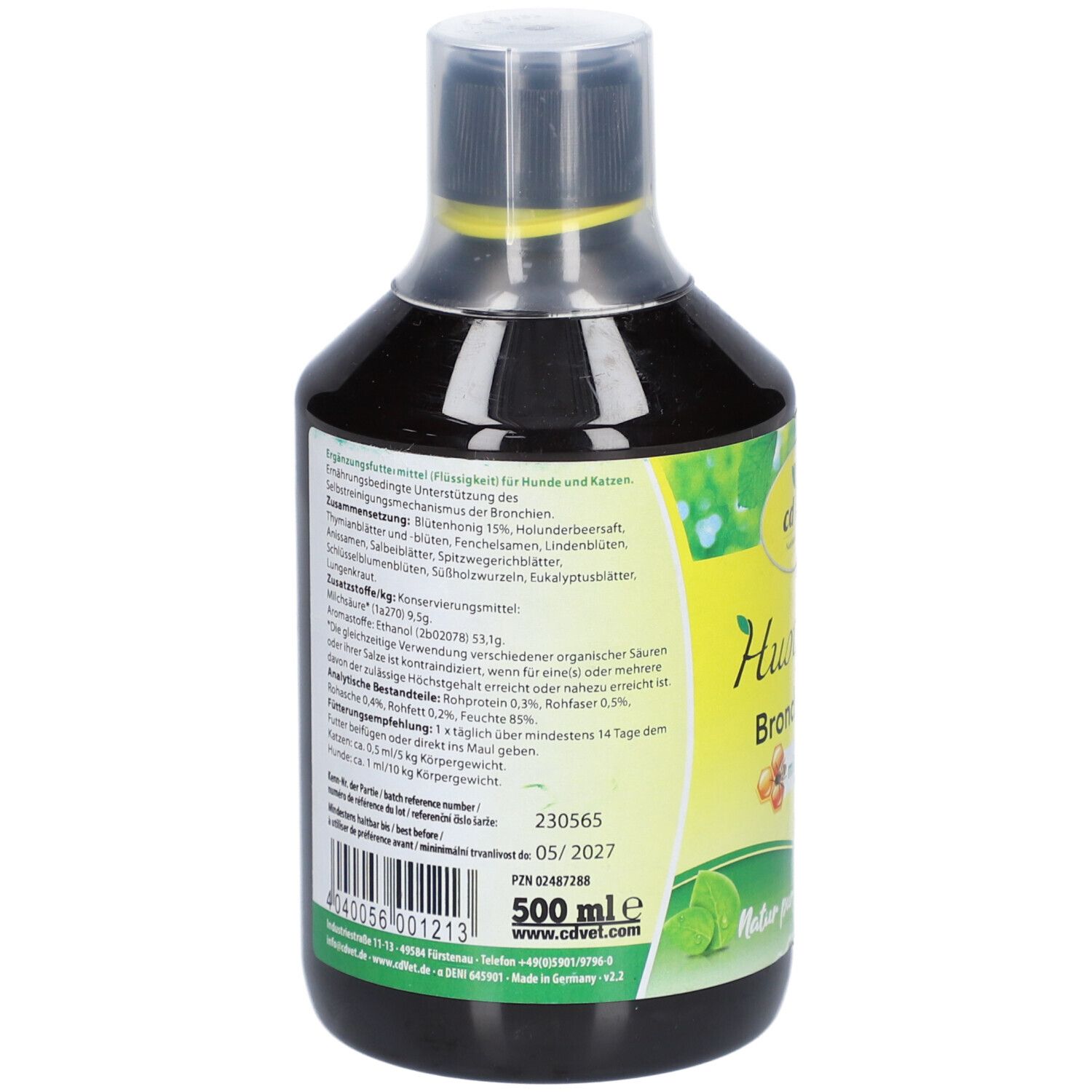 Dos d'une bouteille de liquide brun. Étiquette avec informations. Inscription: cd Vet, 500 ml.