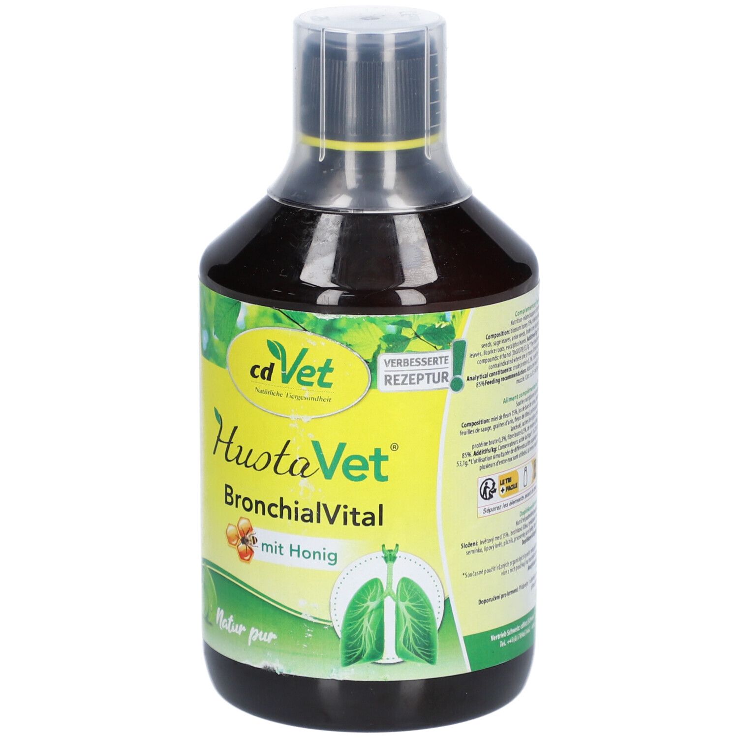 Liquide brun en bouteille. Inscription: cd Vet, HustaVet BronchialVital avec miel. Illustration d'un poumon.