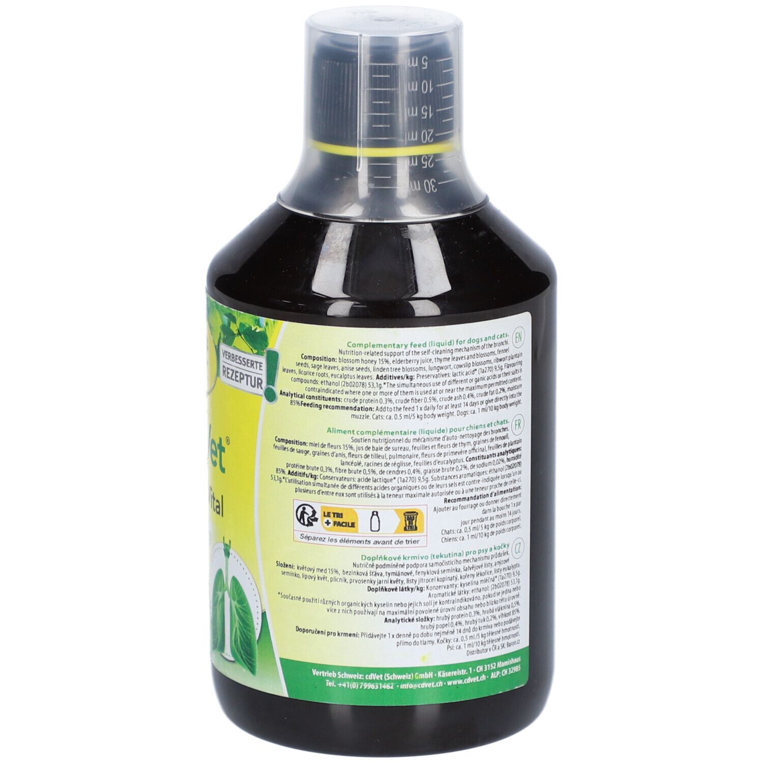 Bouteille de liquide brun. Étiquette avec informations. Inscription: cd Vet, HustaVet BronchialVital.