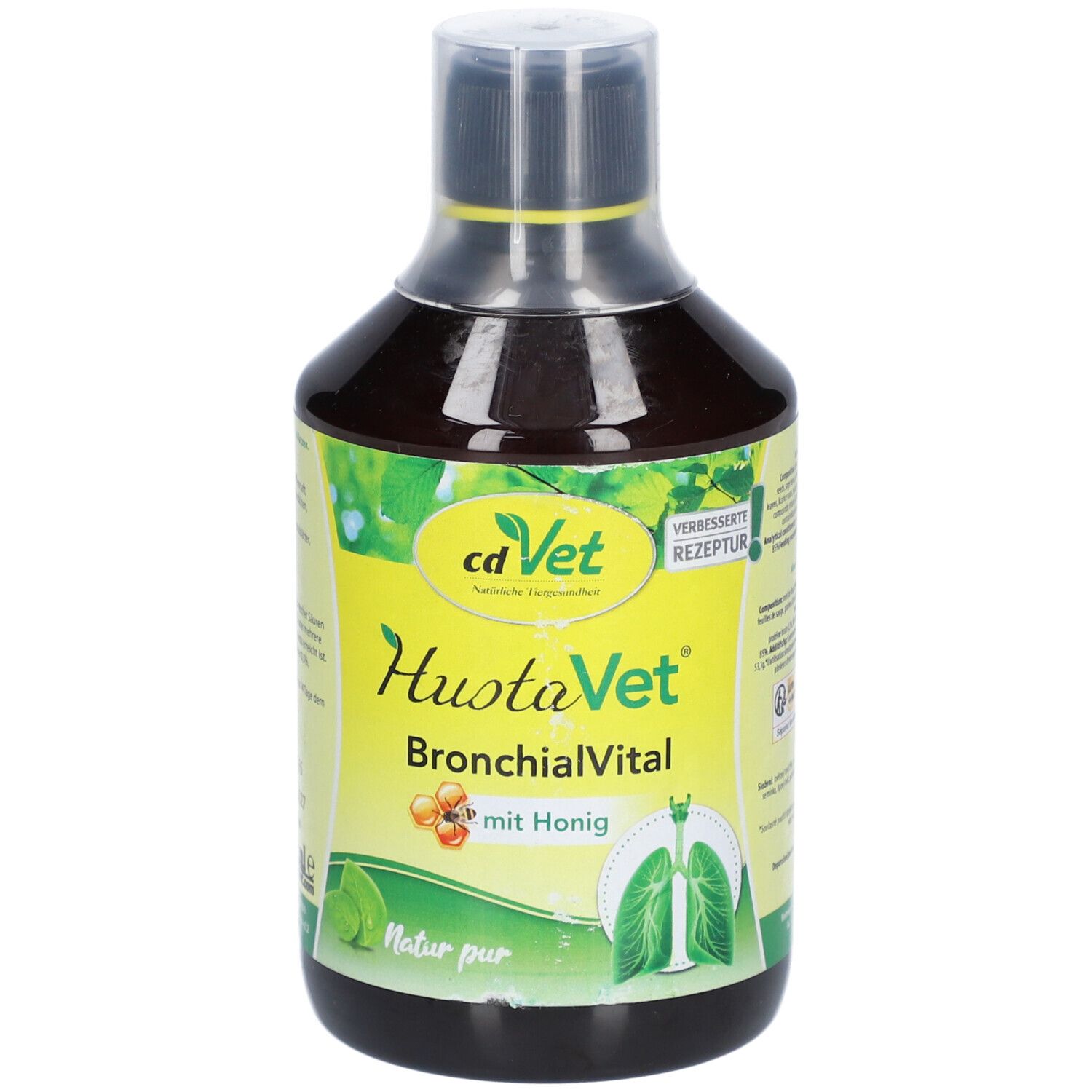 Liquide brun en bouteille. Inscription: cd Vet, HustaVet BronchialVital avec miel. Illustration d'un poumon.
