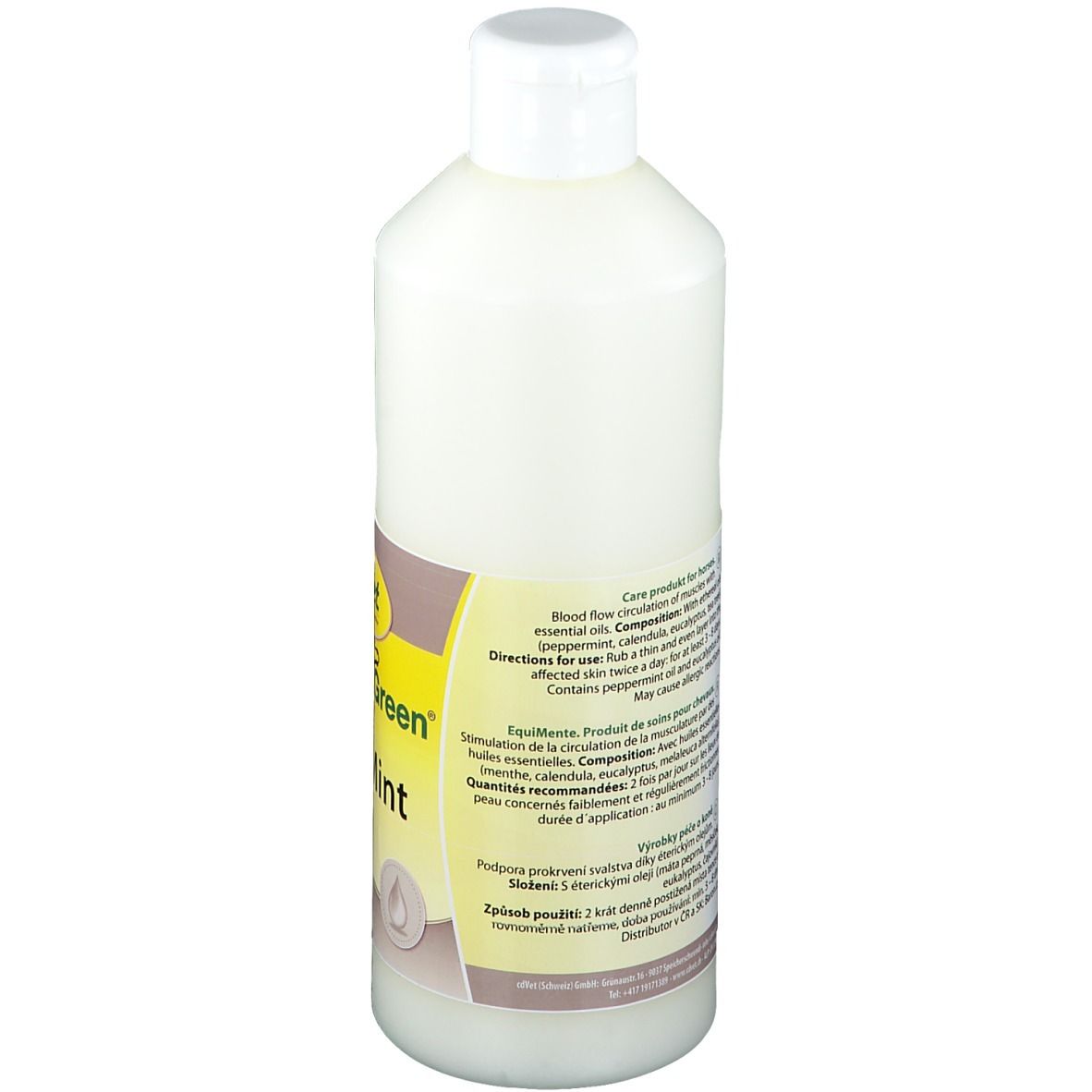 Bouteille blanche avec bouchon blanc, étiquette avec informations produit et instructions d'utilisation.