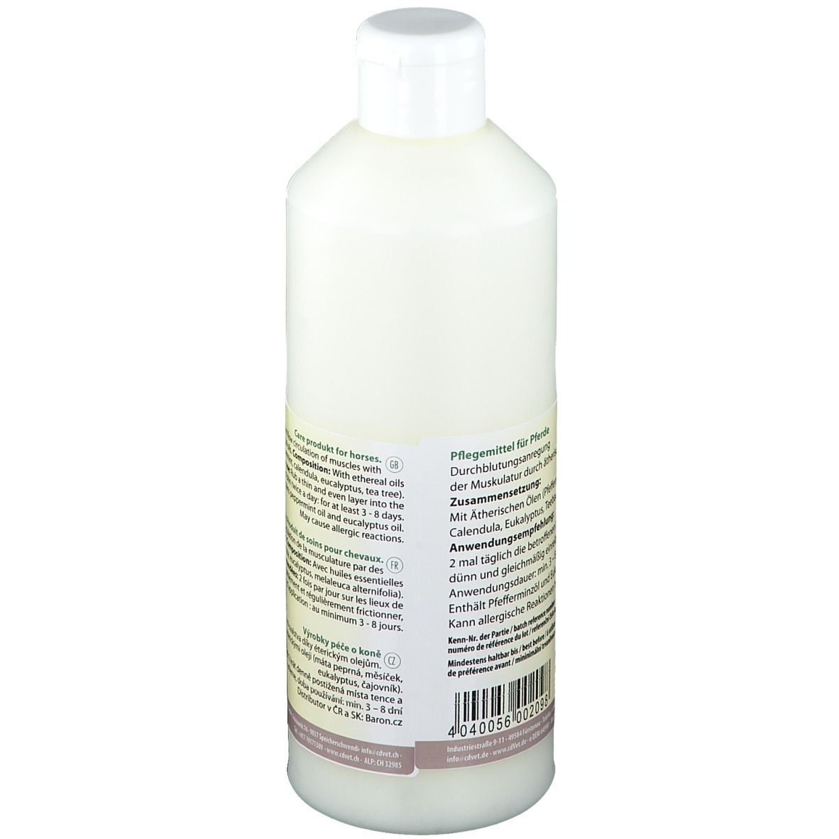 Bouteille blanche avec bouchon blanc et étiquette d'informations produit.