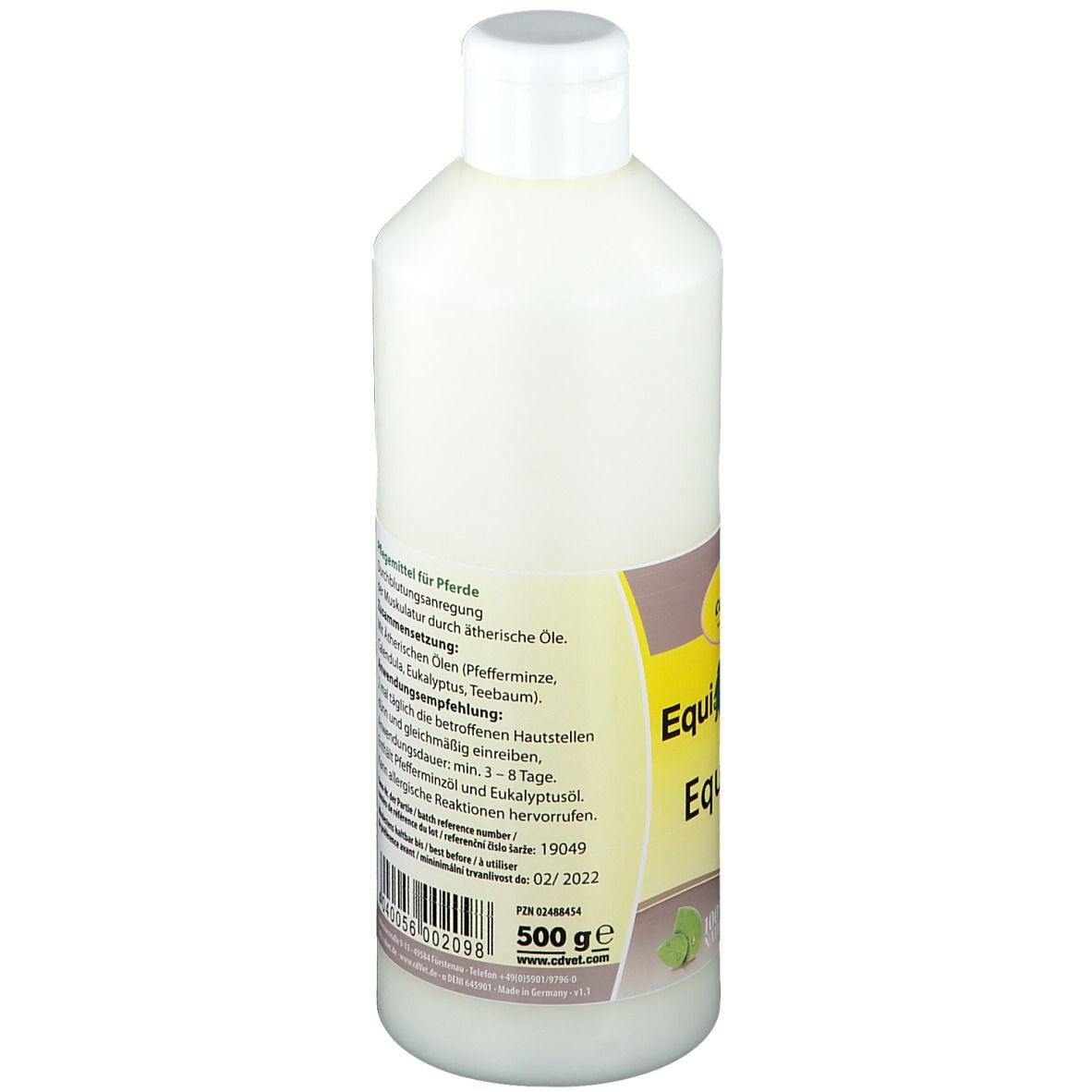 Bouteille blanche avec bouchon blanc, contenu 500g, avec étiquette pour chevaux.