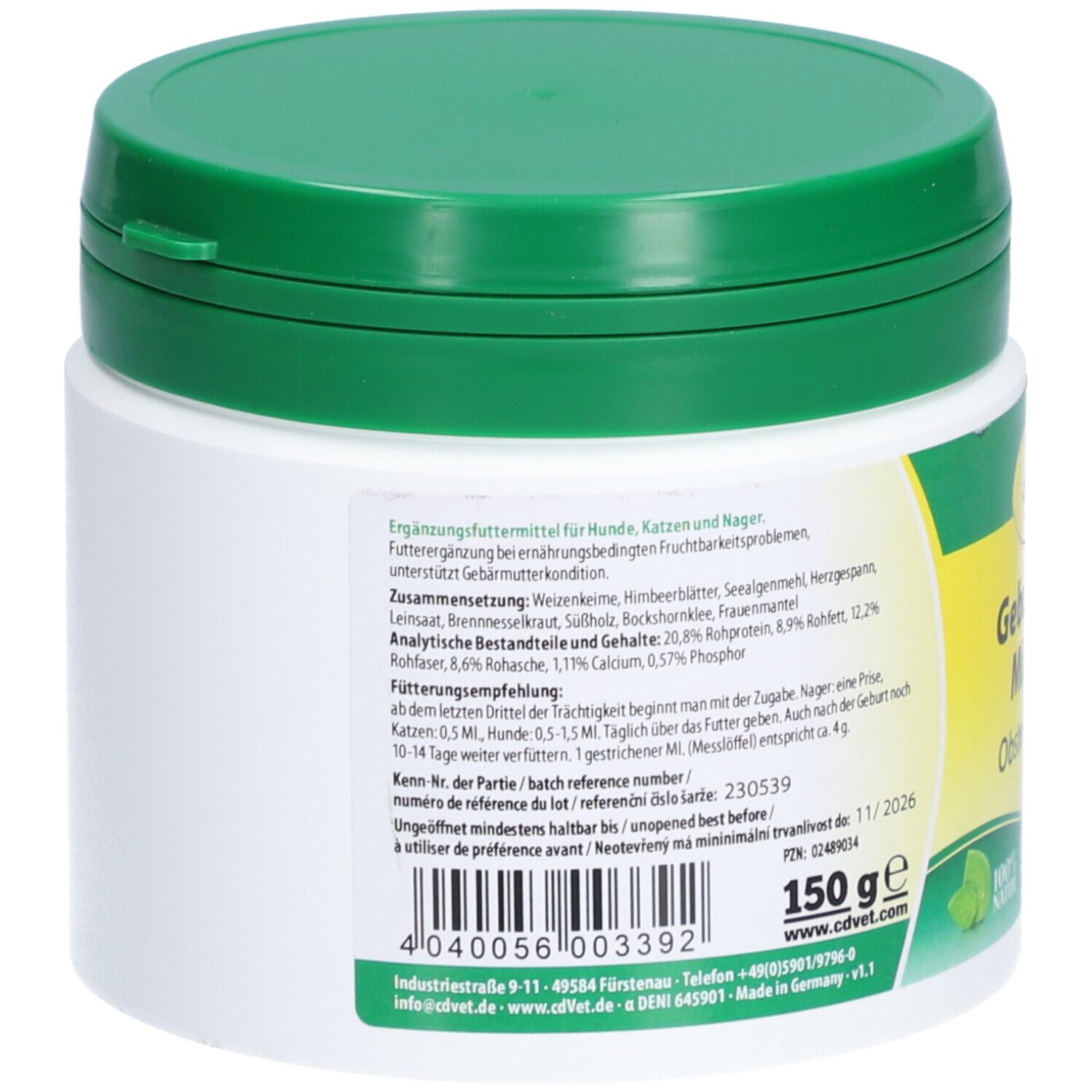 Dos du récipient cylindrique blanc avec couvercle vert. Informations textuelles et code-barres. Impression: 150g, à consommer de préférence avant 11/2026.