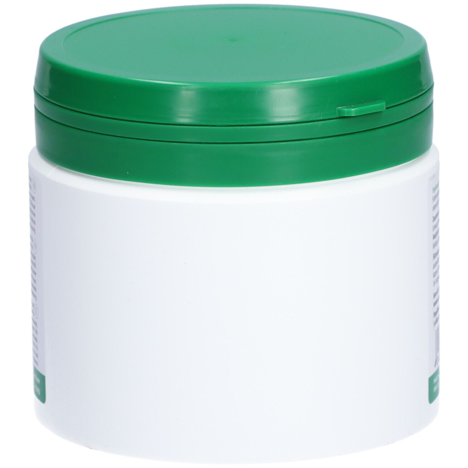 Récipient cylindrique blanc avec couvercle vert. Aucune inscription visible. Vue latérale.
