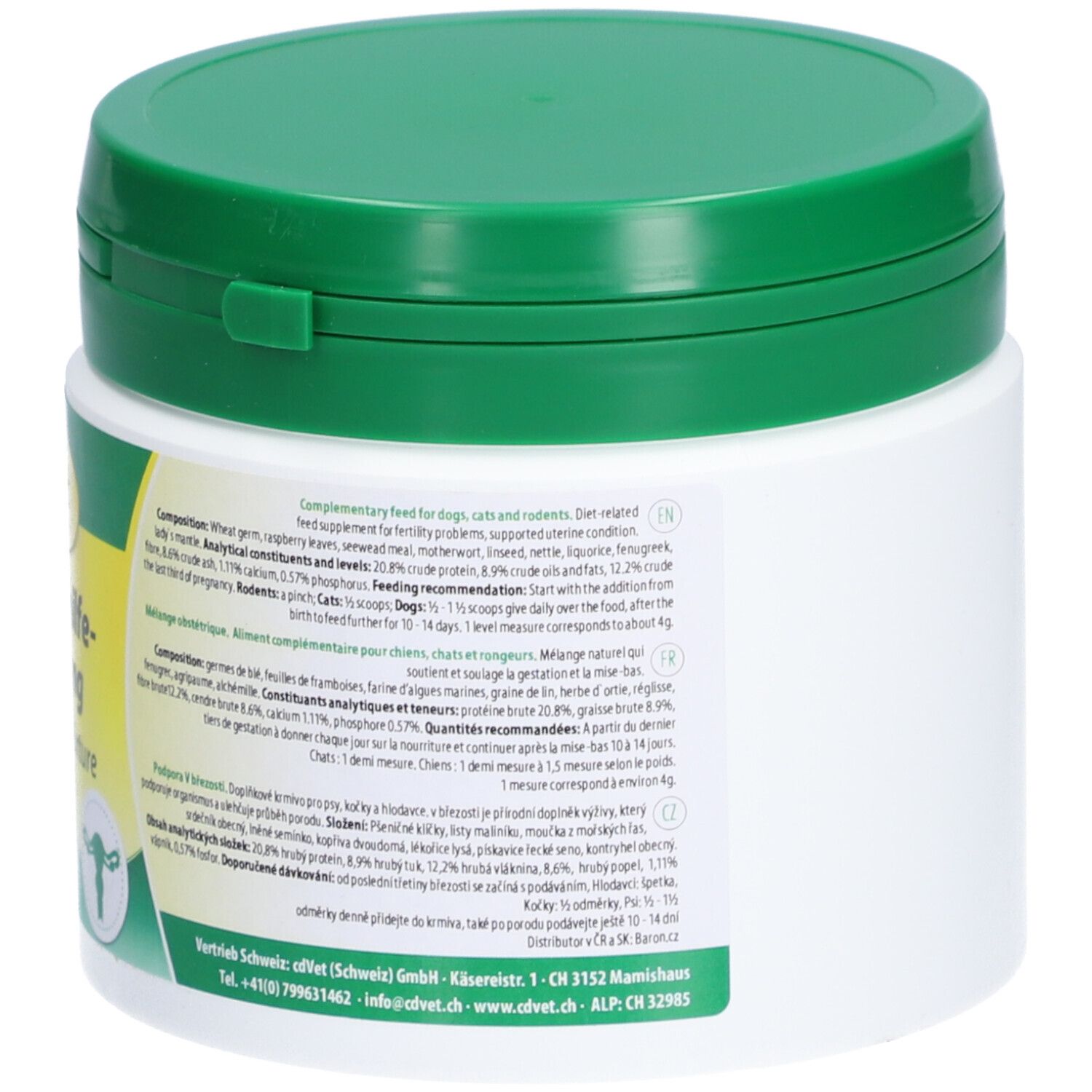 Dos du récipient cylindrique blanc avec couvercle vert. Informations textuelles et illustration d'un utérus.
