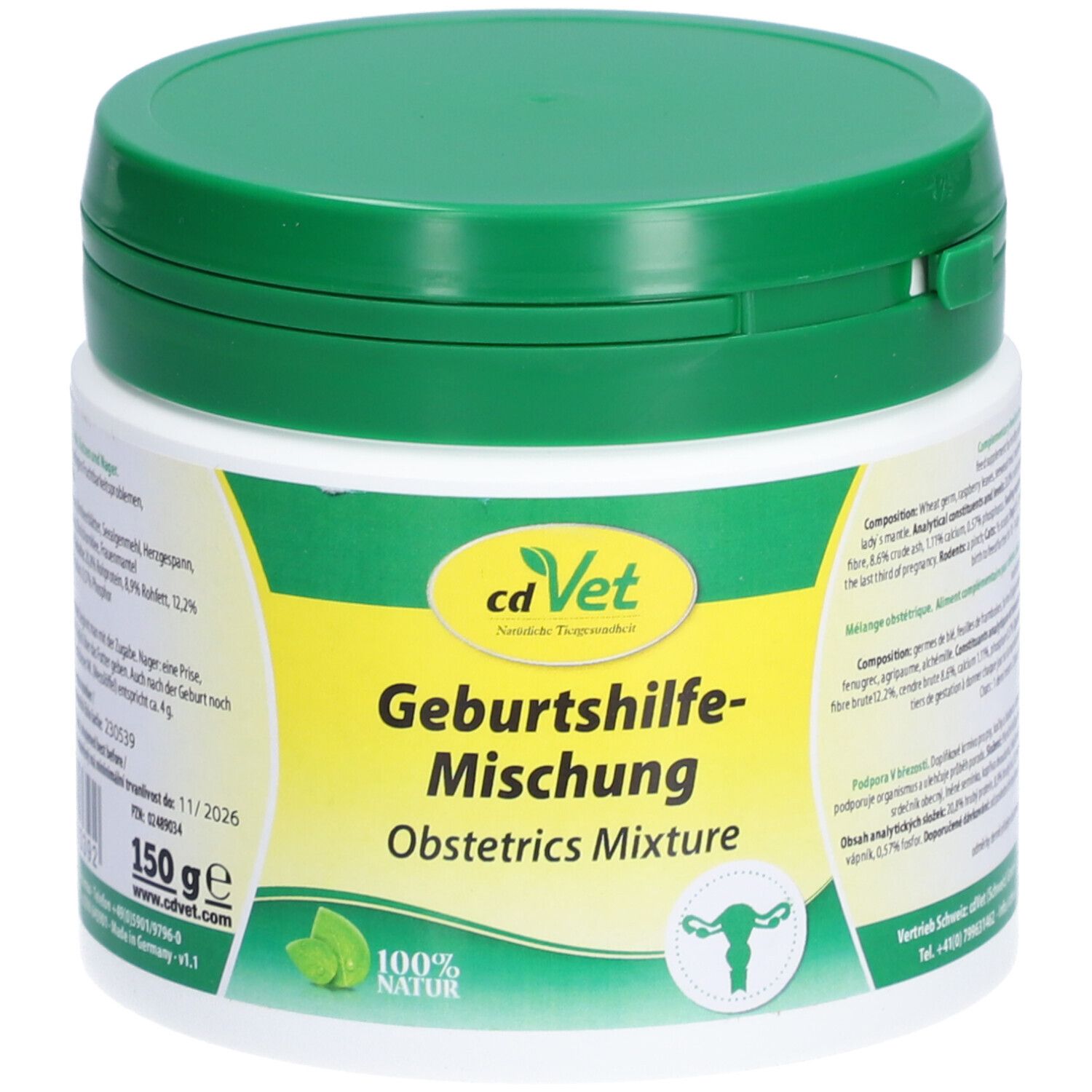 Récipient cylindrique blanc avec couvercle vert. Inscription: cdVet Geburtshilfe-Mischung, 150g. Illustration d'un utérus.