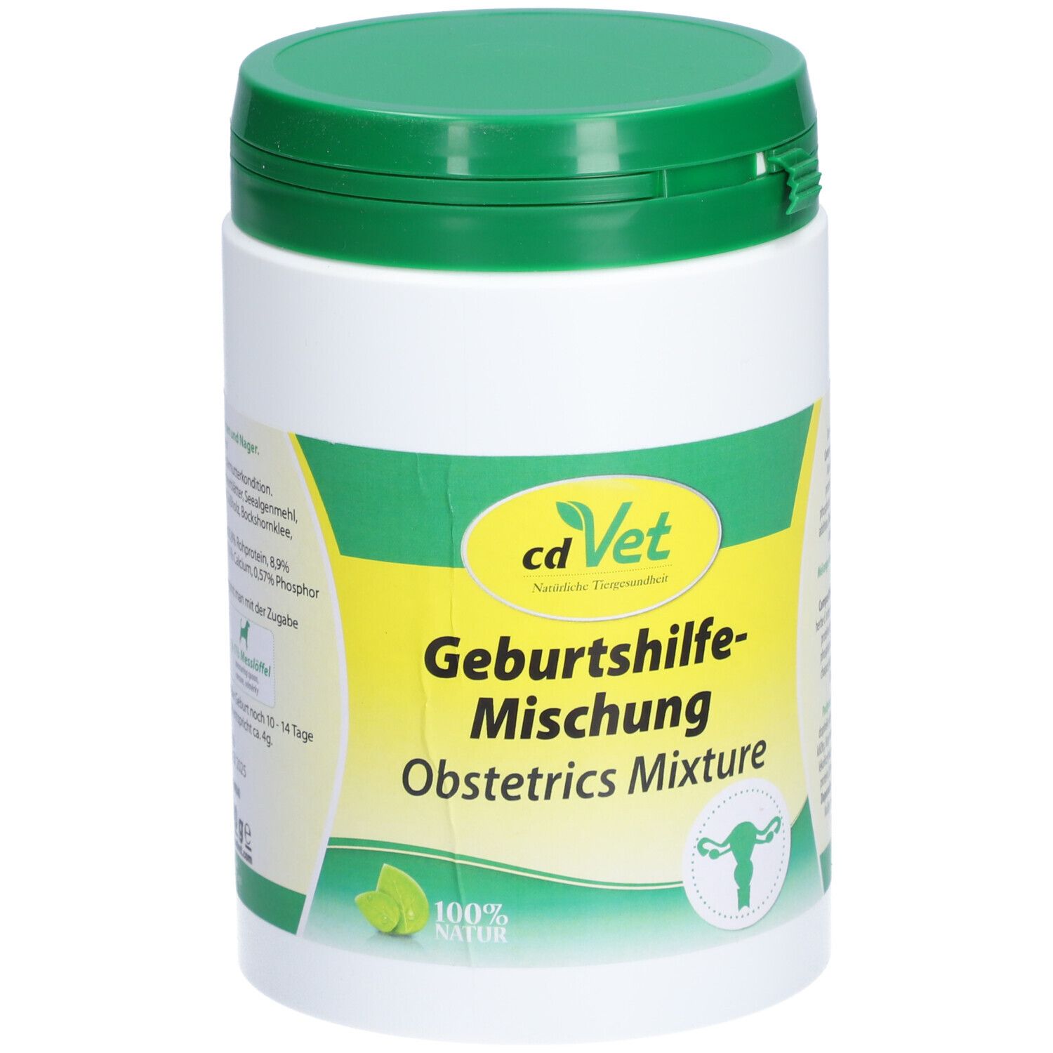 Récipient blanc avec couvercle vert. Inscription: cdVet Geburtshilfe-Mischung. Illustration d'un utérus.