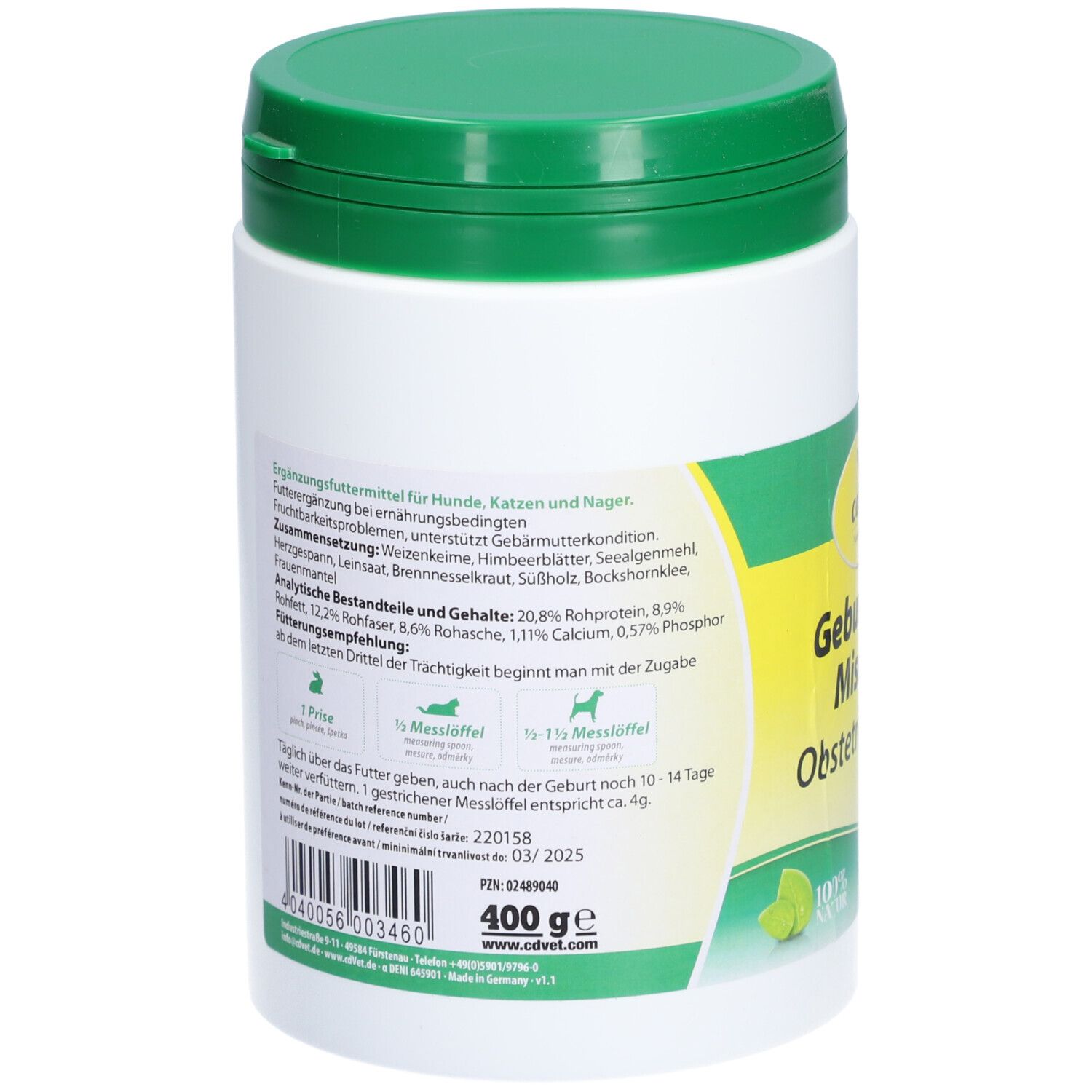 Récipient blanc avec couvercle vert. Dos avec texte et informations. Inscription: 400 ge.