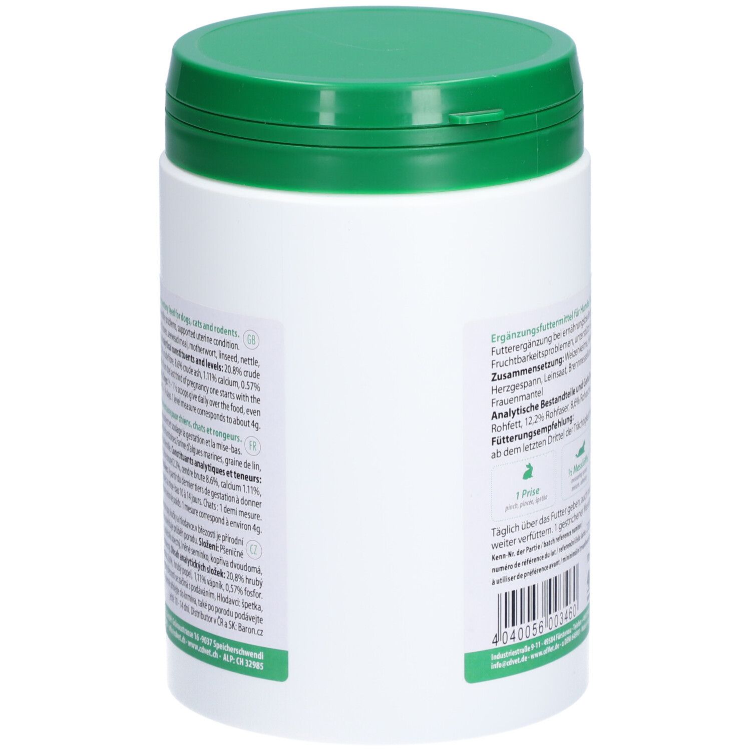 Récipient blanc avec couvercle vert. Dos avec texte et informations.