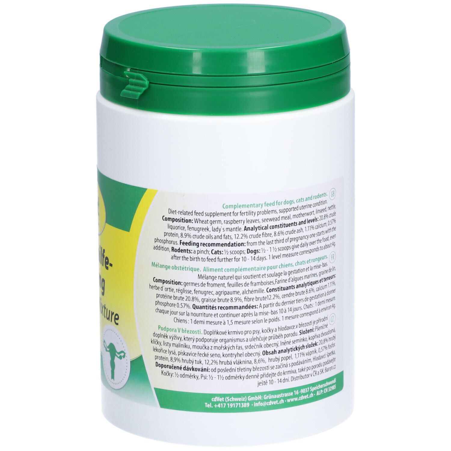 Récipient blanc avec couvercle vert. Dos avec texte et informations.