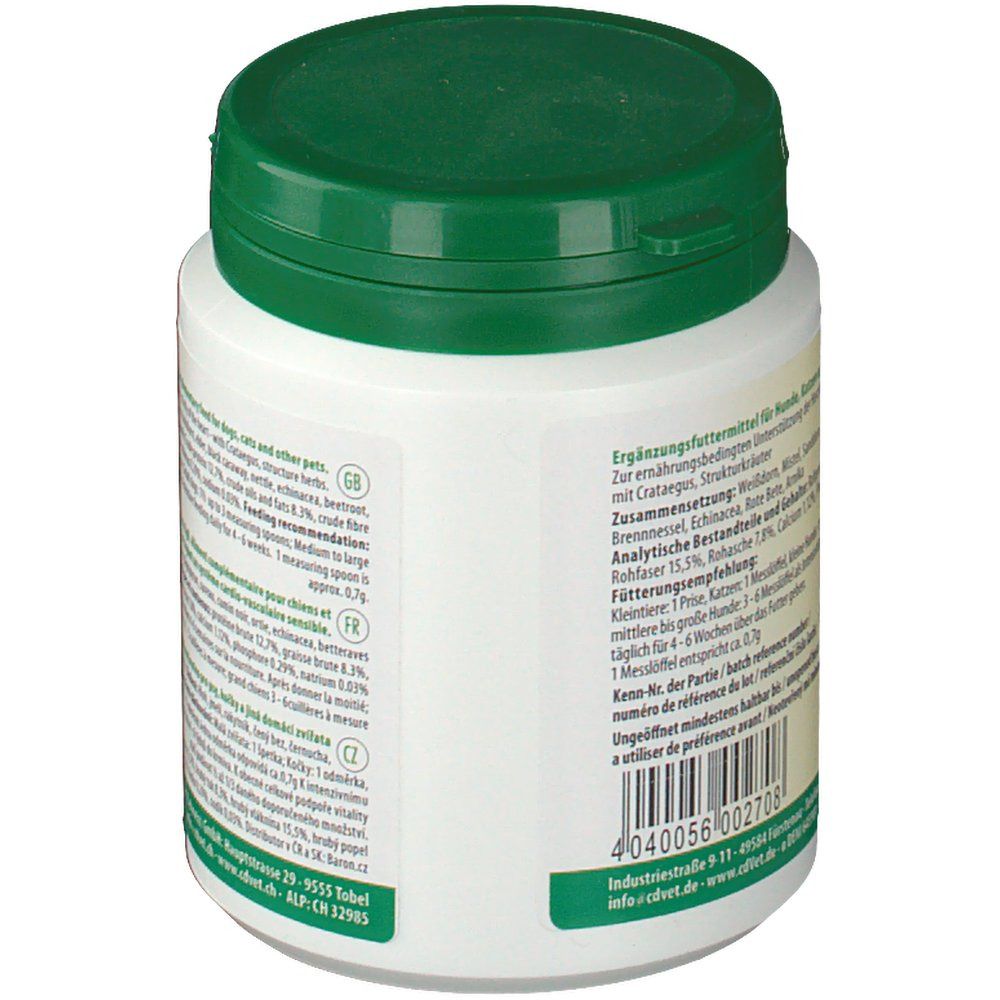 Dos du pot cylindrique blanc, couvercle vert. Texte multilingue. Code-barres.