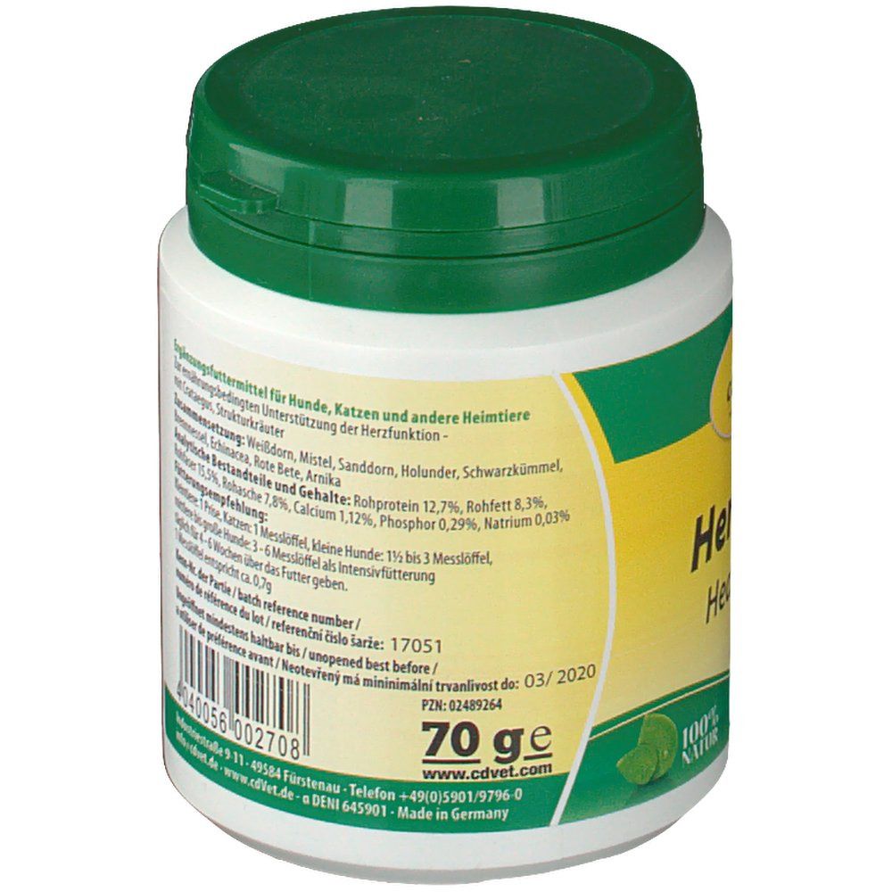 Pot cylindrique blanc, couvercle vert. Inscription: HerzAgil, 70ge. Texte multilingue. Code-barres.