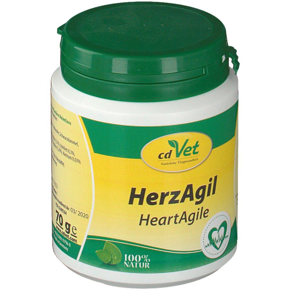 Pot cylindrique blanc, couvercle vert. Inscription: HerzAgil, HeartAgile, cdVet. 70ge. Étiquette jaune-vert.