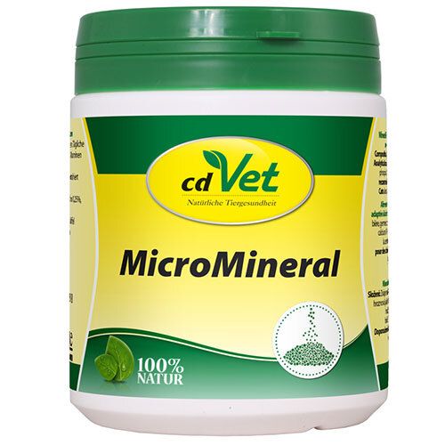 Boîte CdVet MicroMineral avec étiquette verte et jaune, 100% Nature.