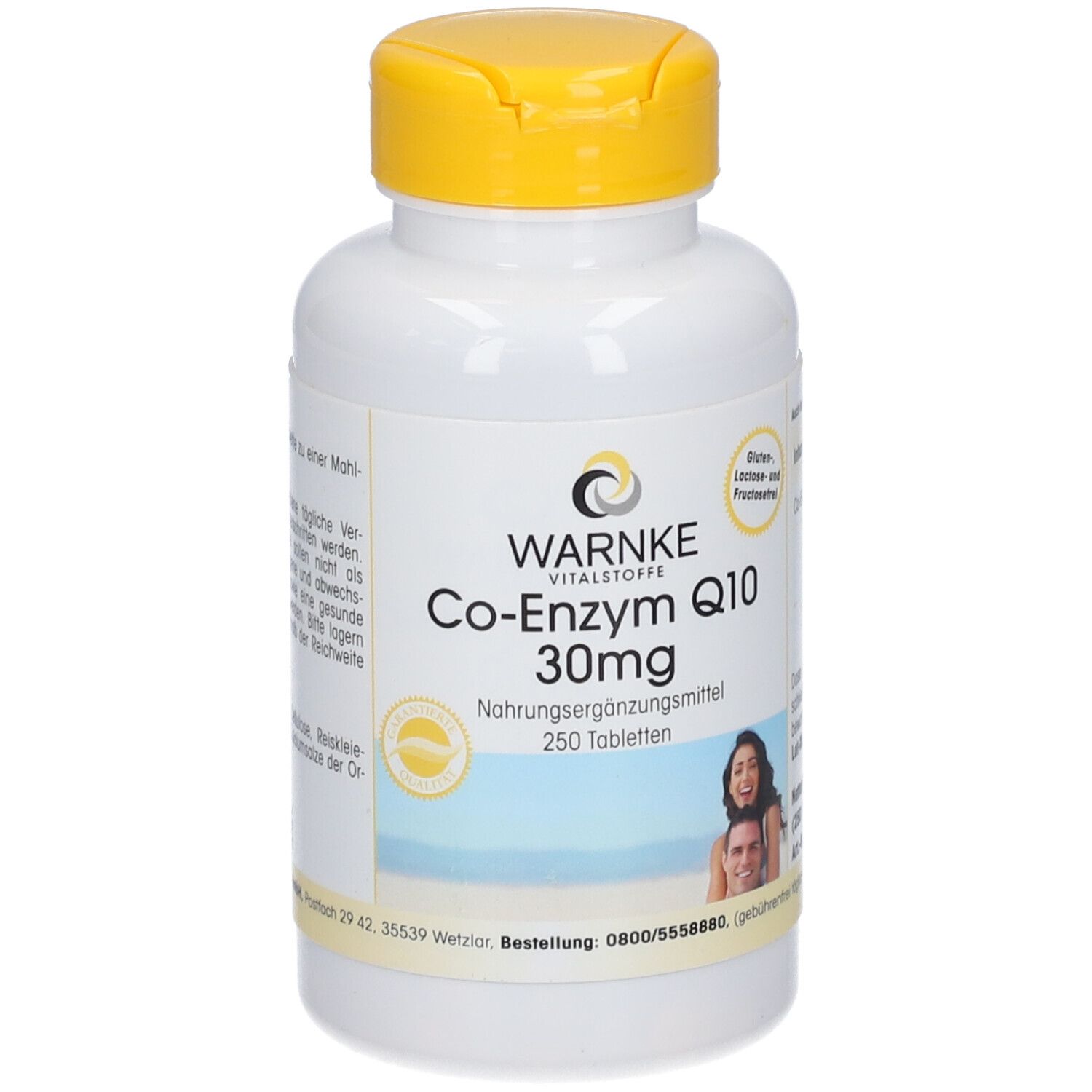 Flacon blanc à bouchon jaune. Inscription: WARNKE, Co-Enzyme Q10 30mg, 250 comprimés. Image d'un couple.