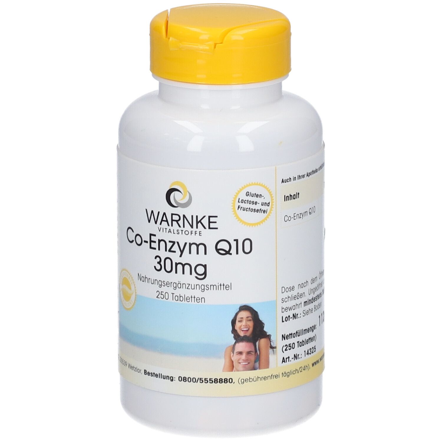 Flacon blanc à bouchon jaune. Inscription: WARNKE, Co-Enzyme Q10 30mg, 250 comprimés. Image d'un couple.