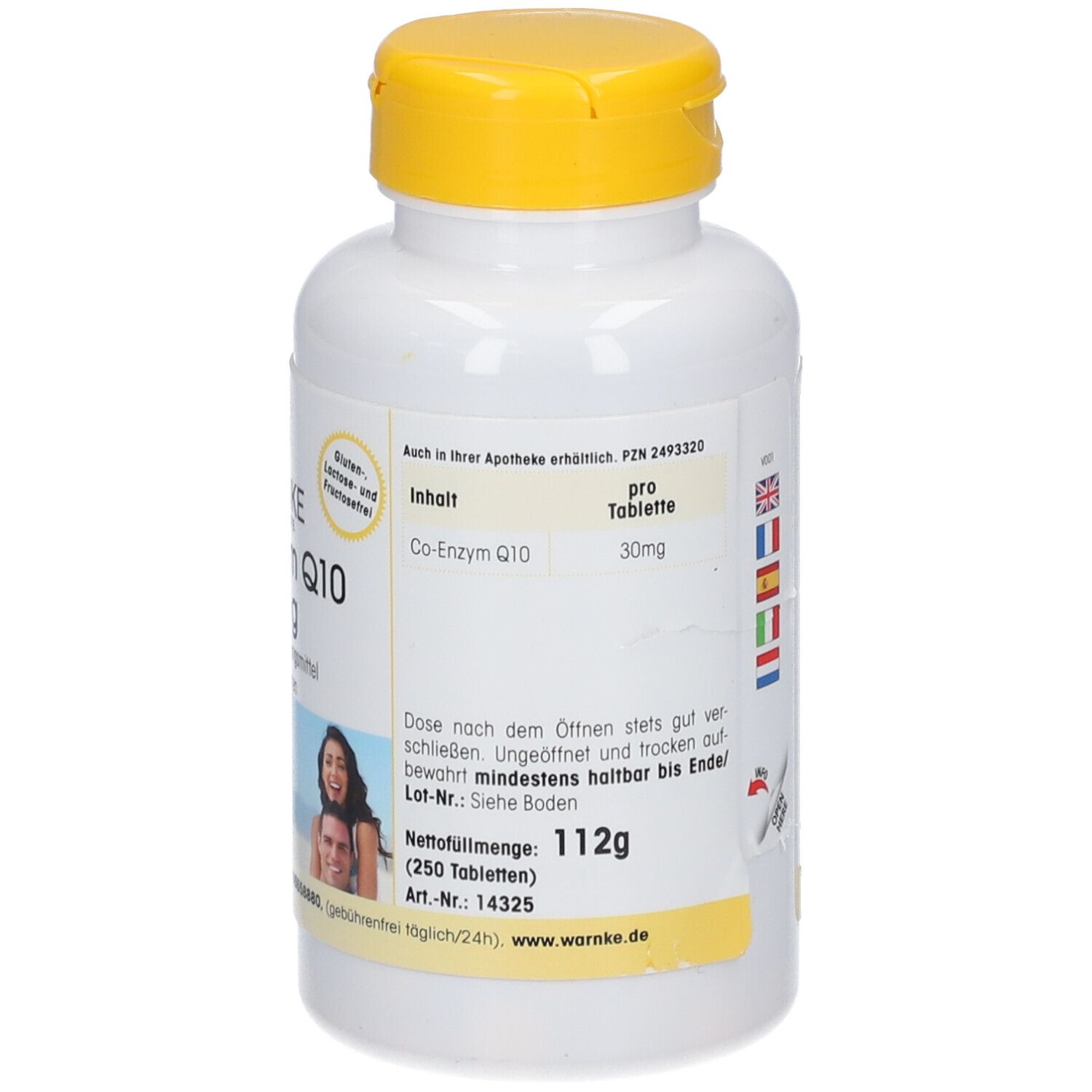 Dos du flacon blanc à bouchon jaune. Texte, poids net 112g, 250 comprimés. Warnke Vitalstoffe GmbH.