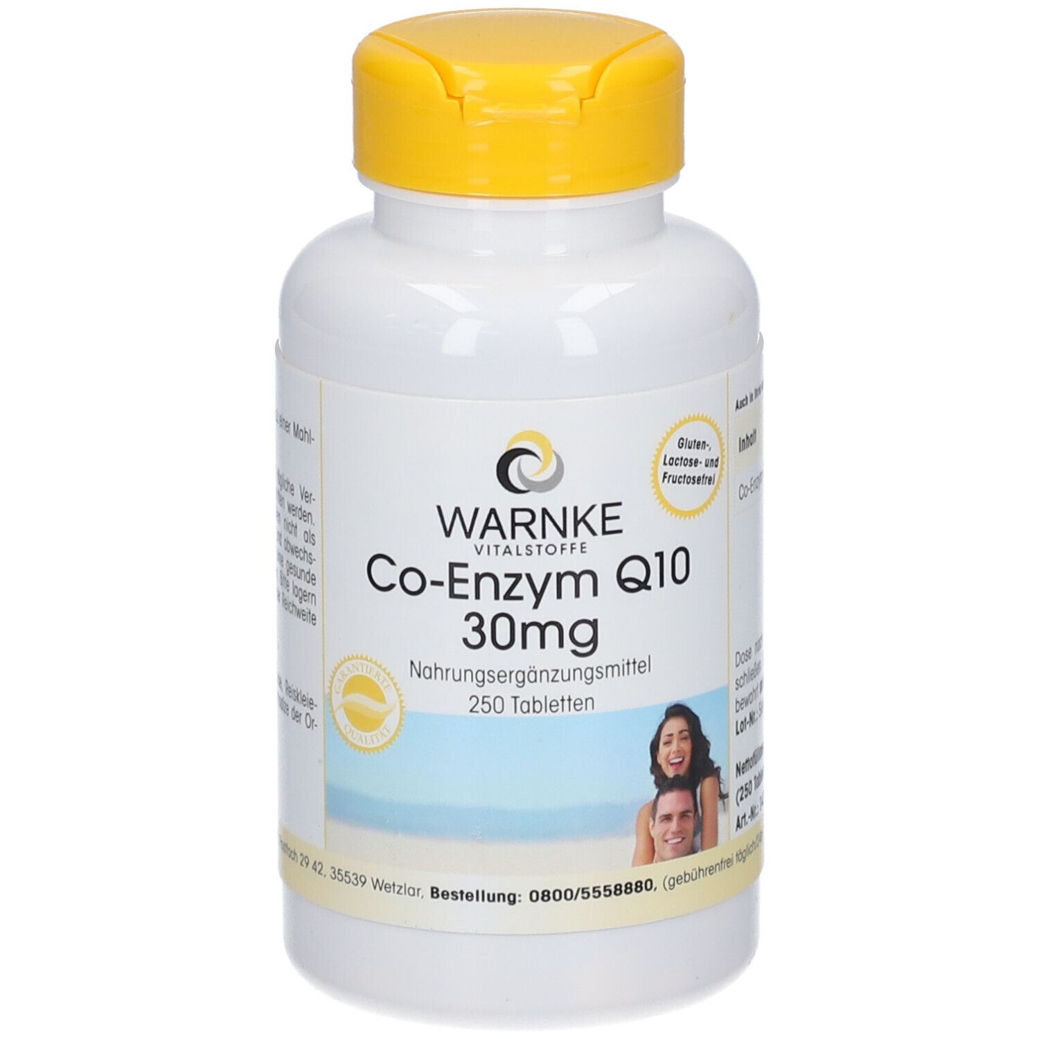 Flacon blanc à bouchon jaune. Inscription: WARNKE, Co-Enzyme Q10 30mg, 250 comprimés. Image d'un couple.