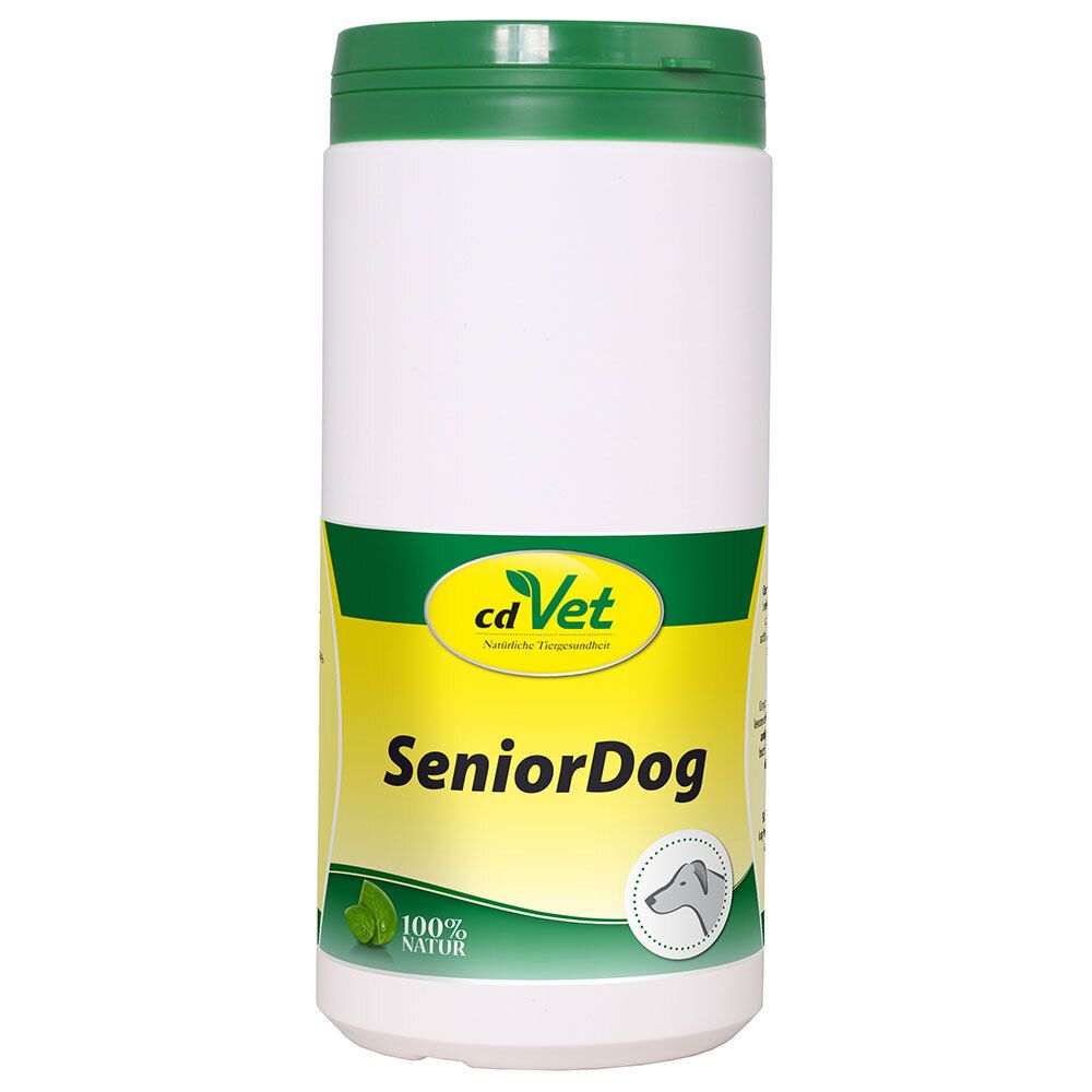 Récipient cylindrique blanc avec couvercle vert. Inscription : cdVet SeniorDog. Logo avec tête de chien.