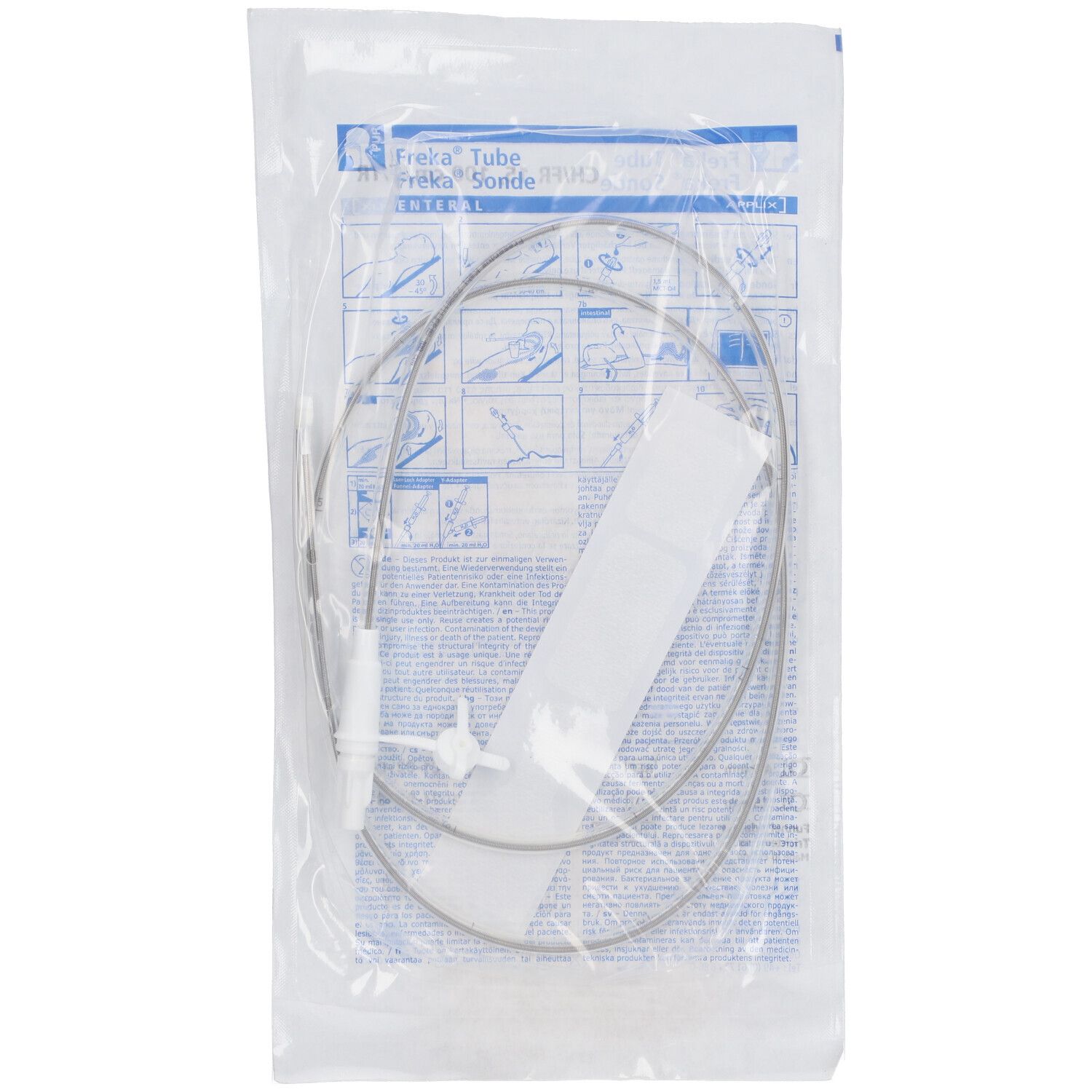 Sonde Freka avec raccord en entonnoir dans un emballage plastique. Tube, connecteur et instructions visibles.