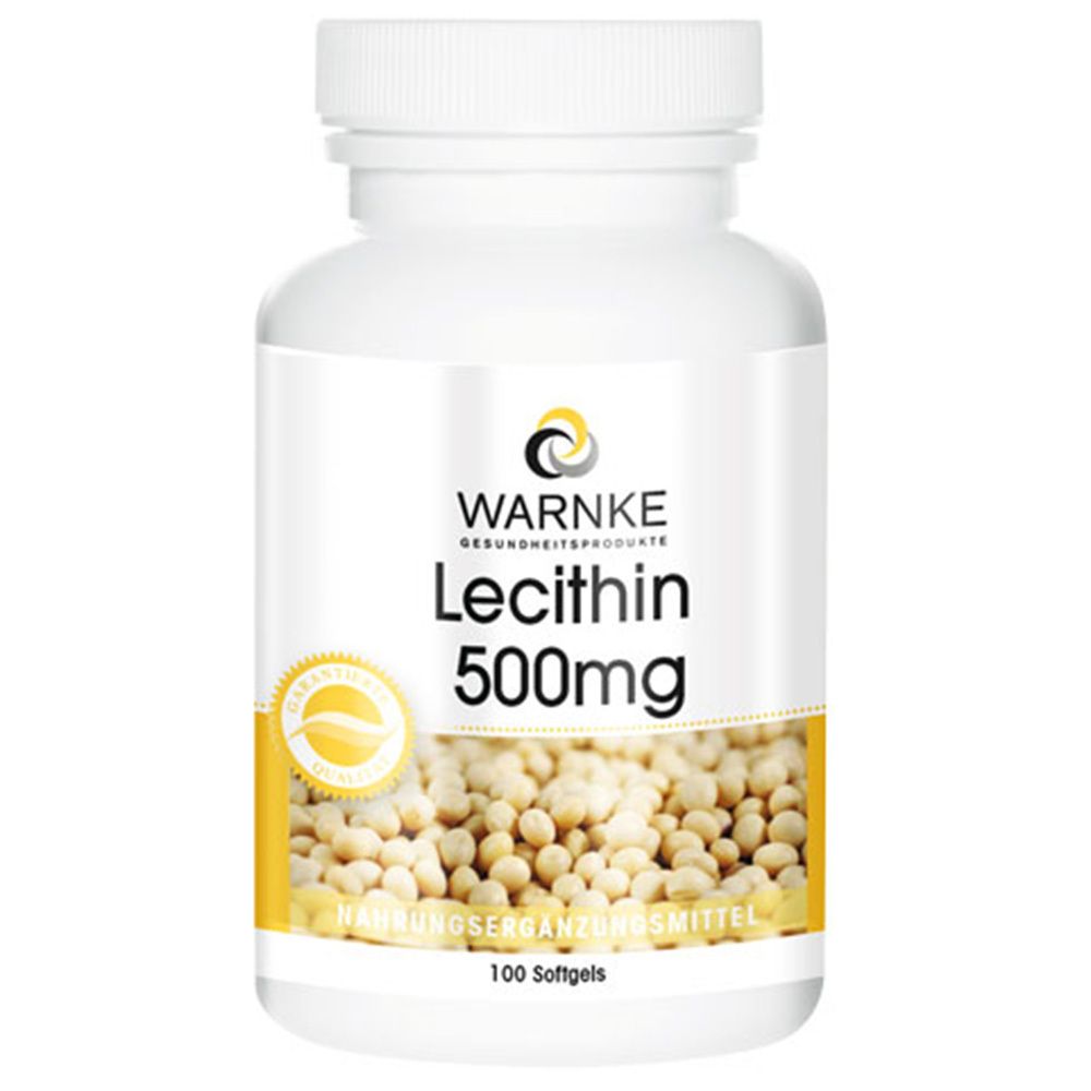Flacon blanc de WARNKE Lecithin 500mg. Étiquette avec informations produit et sceau jaune.