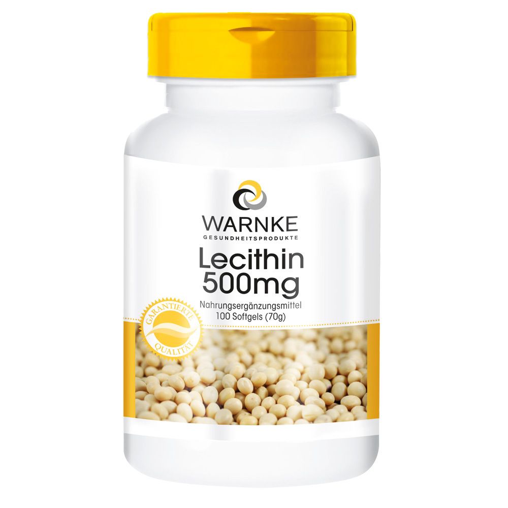 Flacon blanc à bouchon jaune. Inscription: WARNKE Lecithin 500mg. Gélules visibles. Logo de qualité.