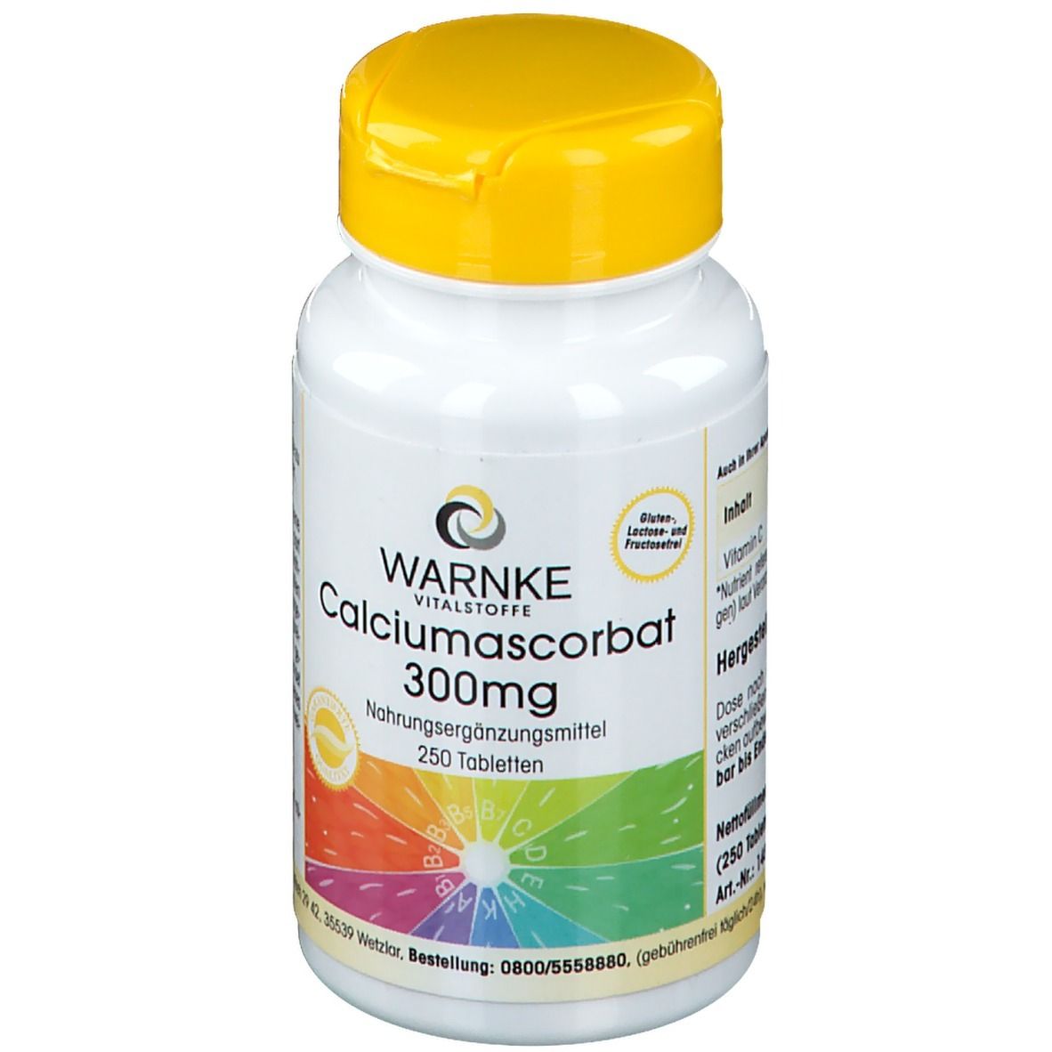 Flacon blanc à bouchon jaune. Inscription: WARNKE Calciumascorbat 300mg. 250 comprimés. Complément alimentaire.