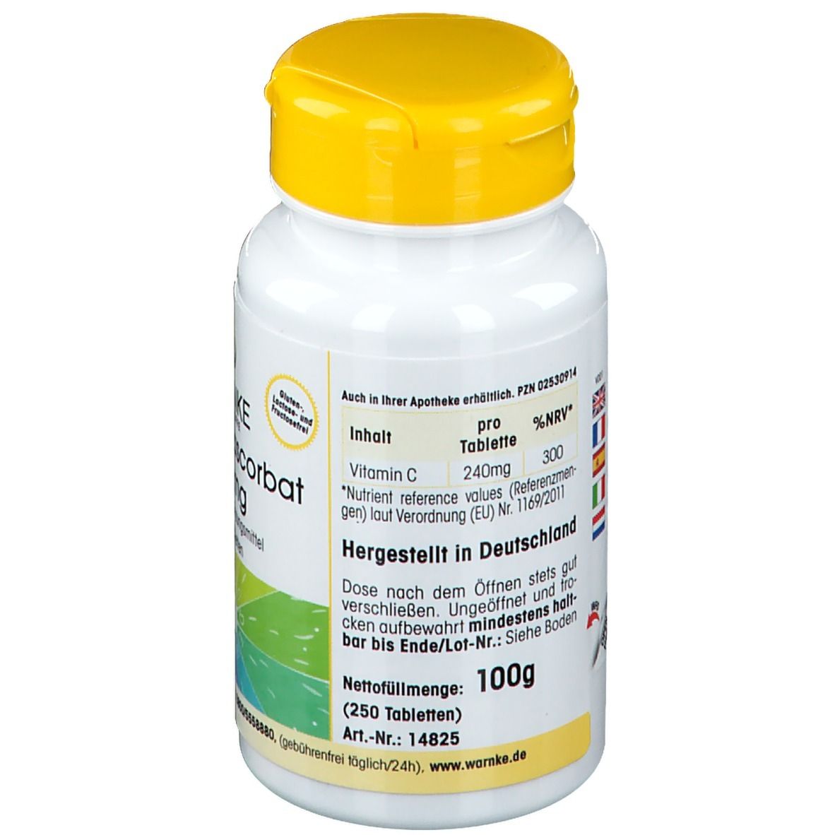 Dos du flacon blanc à bouchon jaune. Informations sur les ingrédients et la valeur nutritionnelle. Fabriqué en Allemagne. 100g.