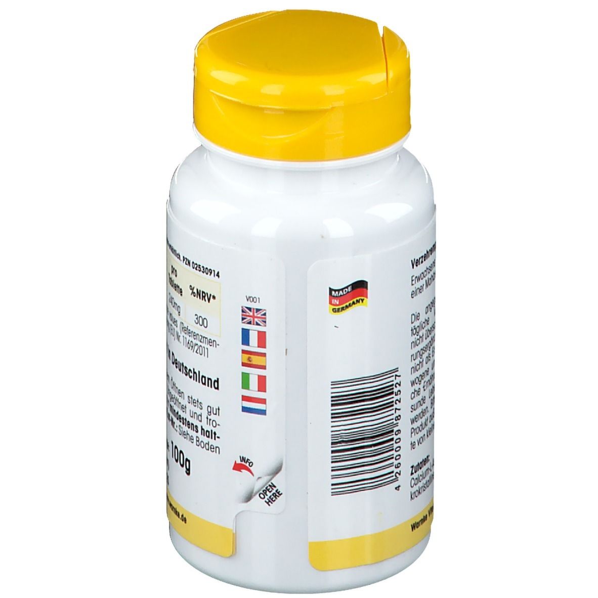 Dos du flacon blanc à bouchon jaune. Informations sur les ingrédients et la valeur nutritionnelle. Fabriqué en Allemagne. 100g.