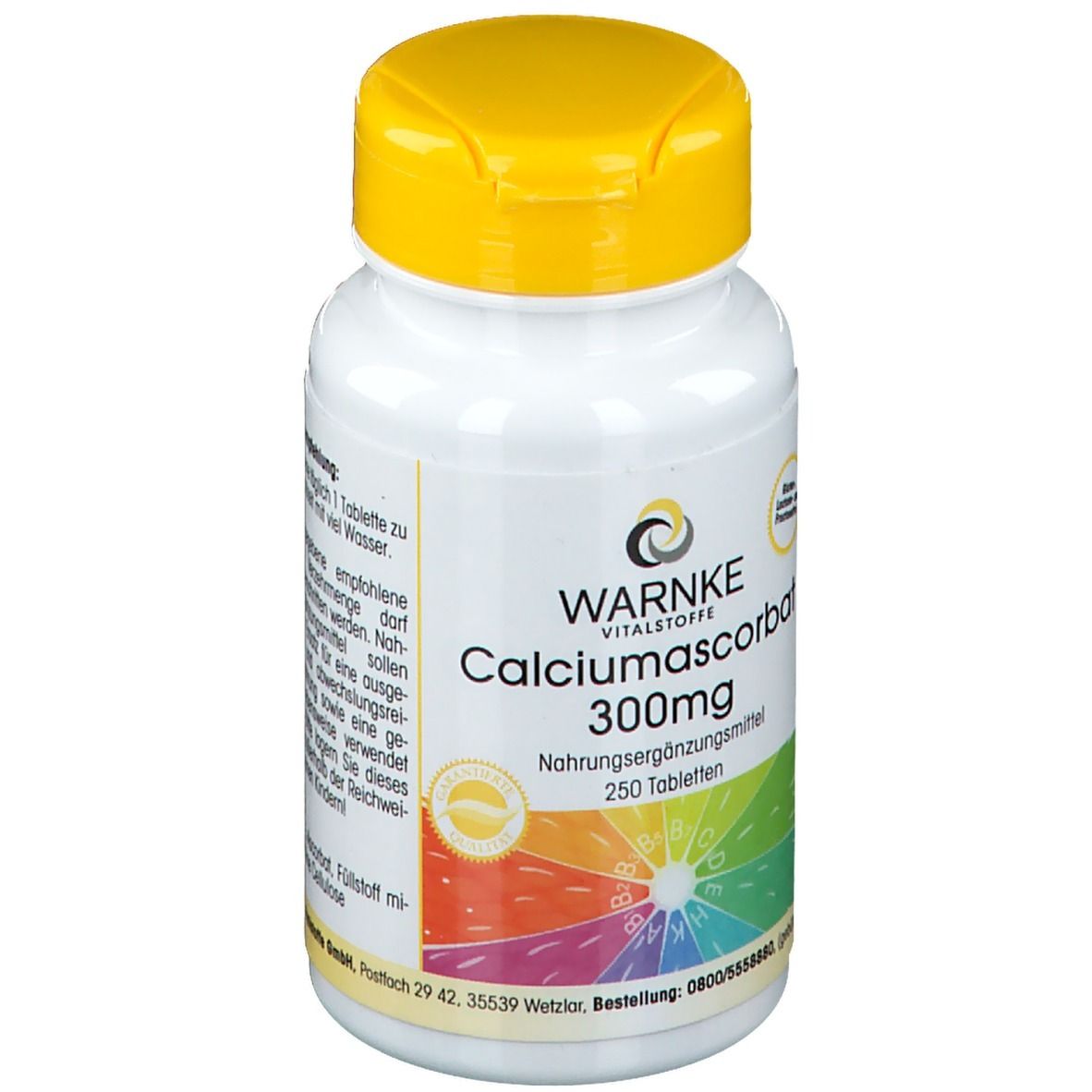 Flacon blanc à bouchon jaune. Inscription: WARNKE Calciumascorbat 300mg. 250 comprimés. Complément alimentaire.