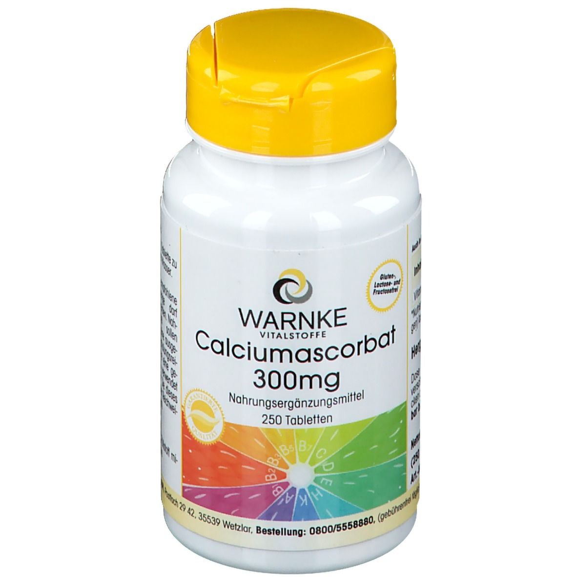 Flacon blanc à bouchon jaune. Inscription: WARNKE Calciumascorbat 300mg. 250 comprimés. Complément alimentaire.