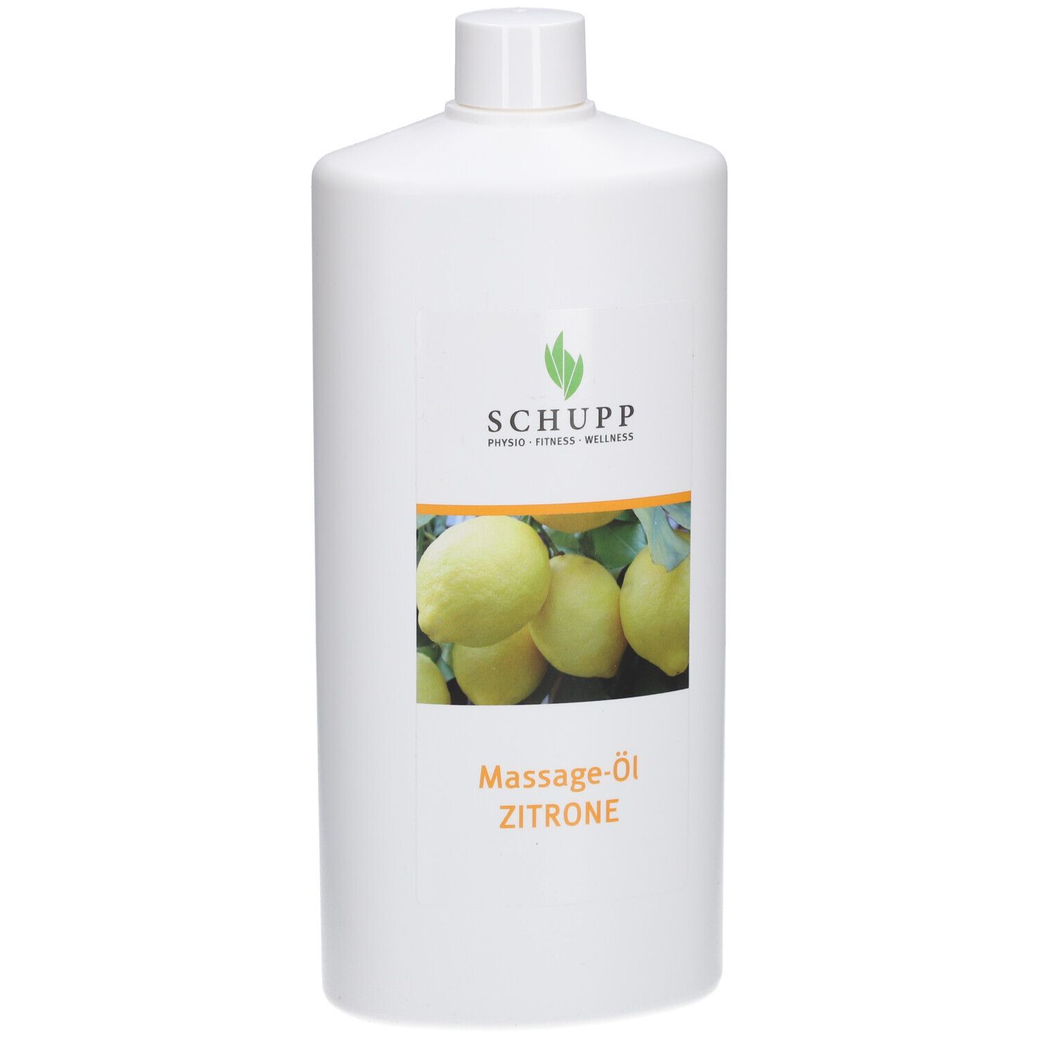 Bouteille blanche avec étiquette. Étiquette : logo Schupp, image de citrons, Massage-Öl Zitrone.