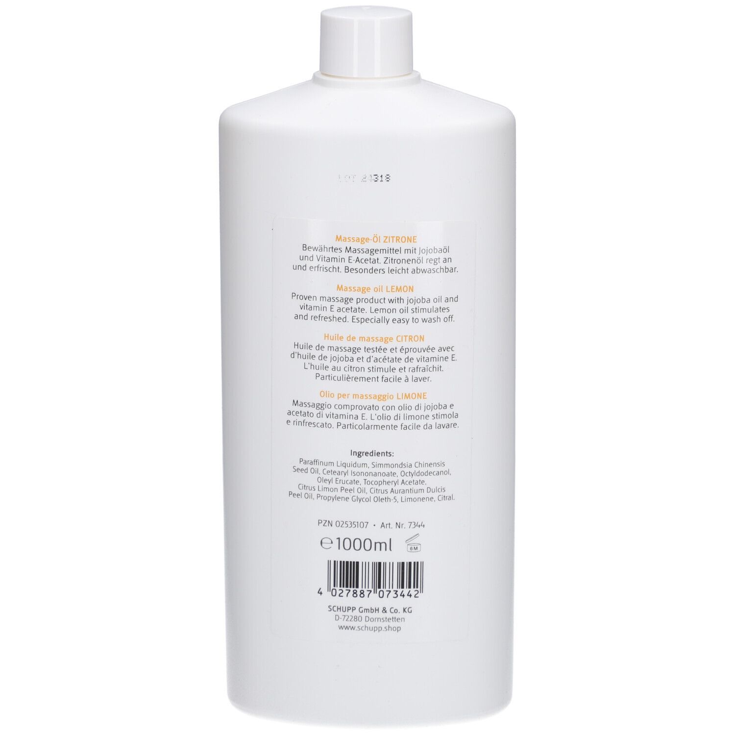 Bouteille blanche avec étiquette. Dos avec informations sur le produit et ingrédients.