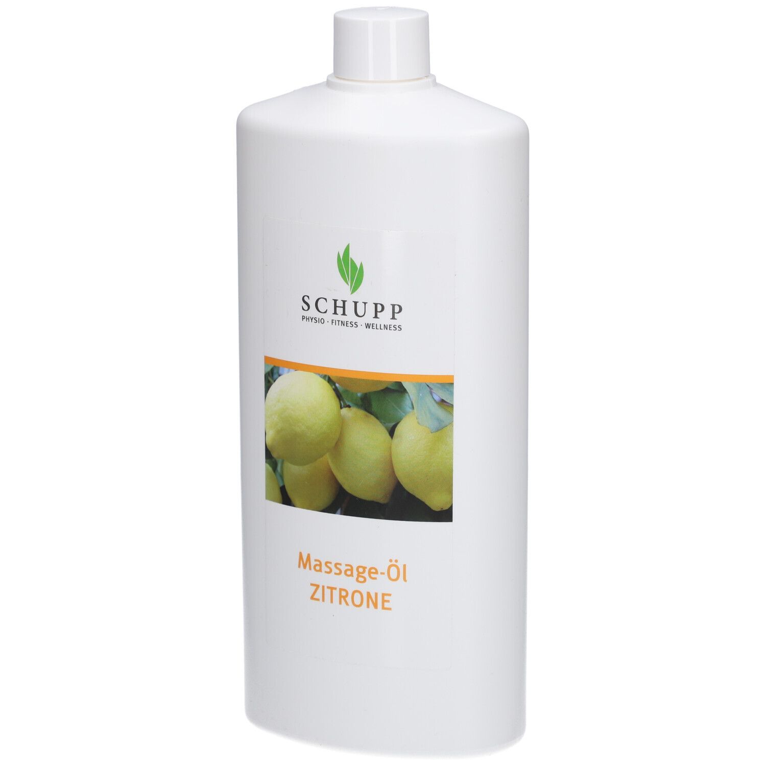 Bouteille blanche avec étiquette. Étiquette : logo Schupp, image de citrons, Massage-Öl Zitrone.