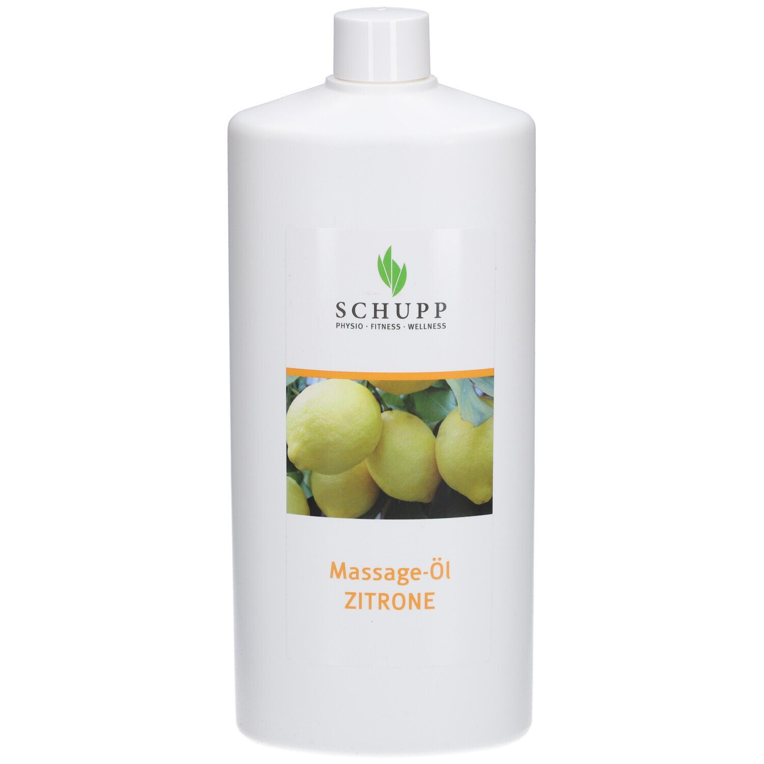 Bouteille blanche avec étiquette. Étiquette : logo Schupp, image de citrons, Massage-Öl Zitrone.