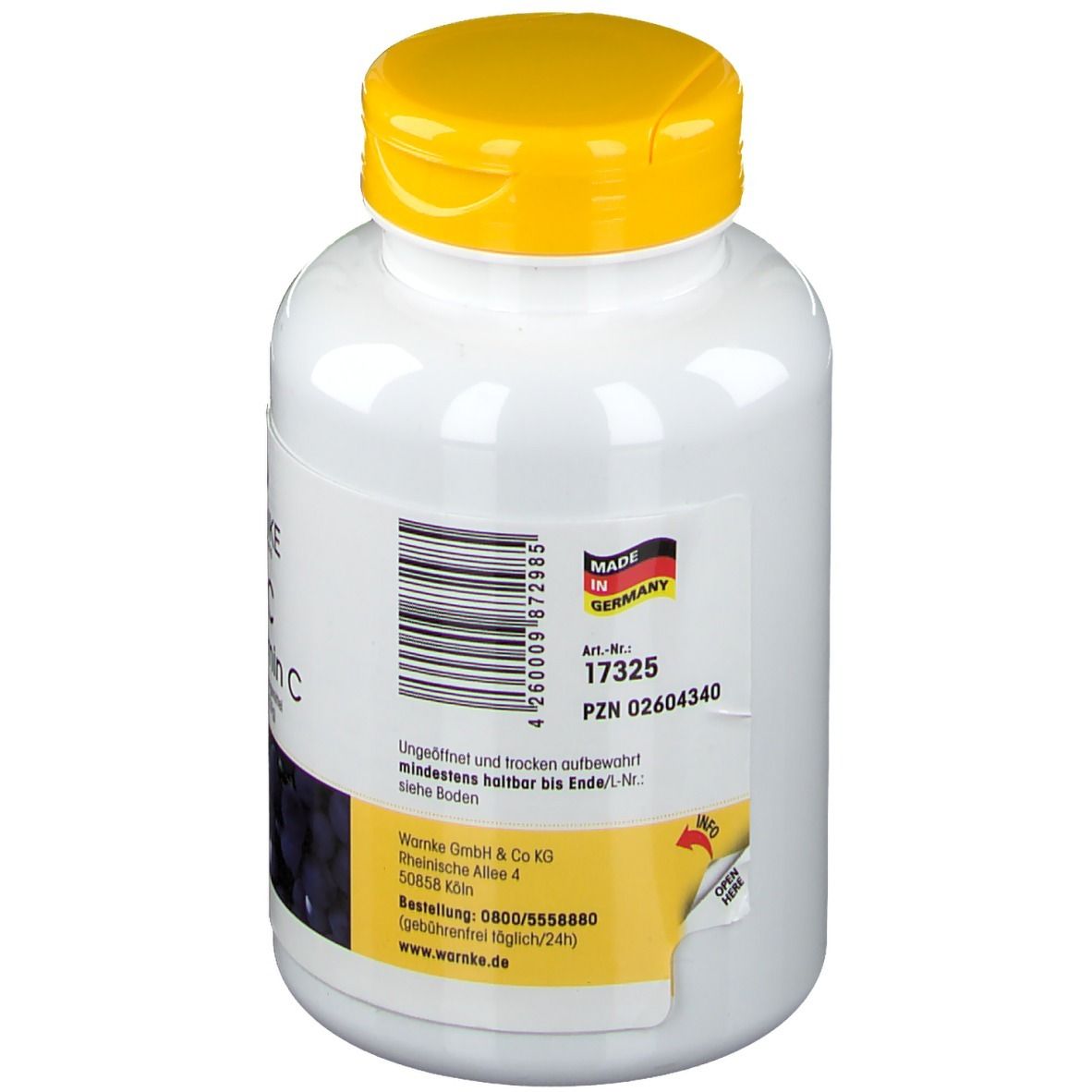 Dos d'un flacon blanc avec bouchon jaune. Autocollant avec informations et code-barres. Fabriqué en Allemagne.