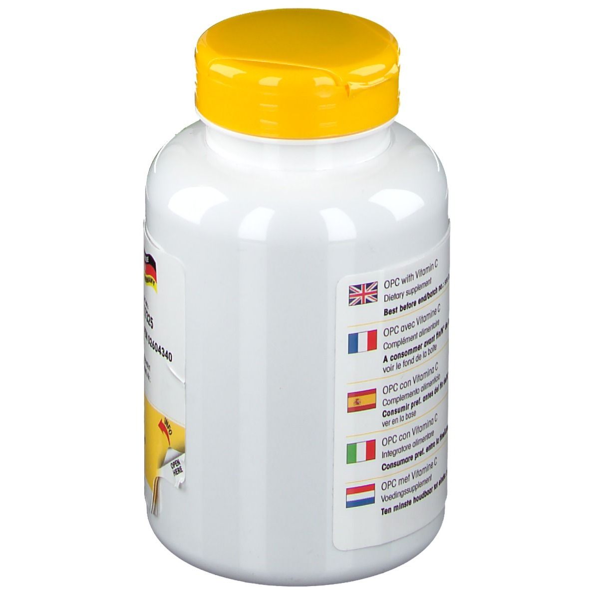 Flacon blanc avec bouchon jaune. Autocollant avec informations produit en plusieurs langues, dont l'allemand et le français.