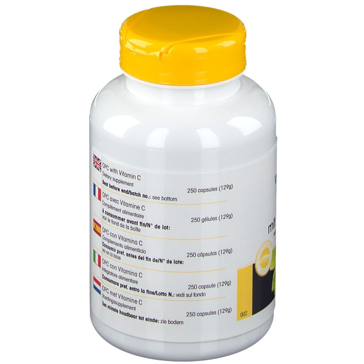 Dos d'un flacon blanc avec bouchon jaune. Informations produit en plusieurs langues, dont l'allemand et le français. 250 gélules.
