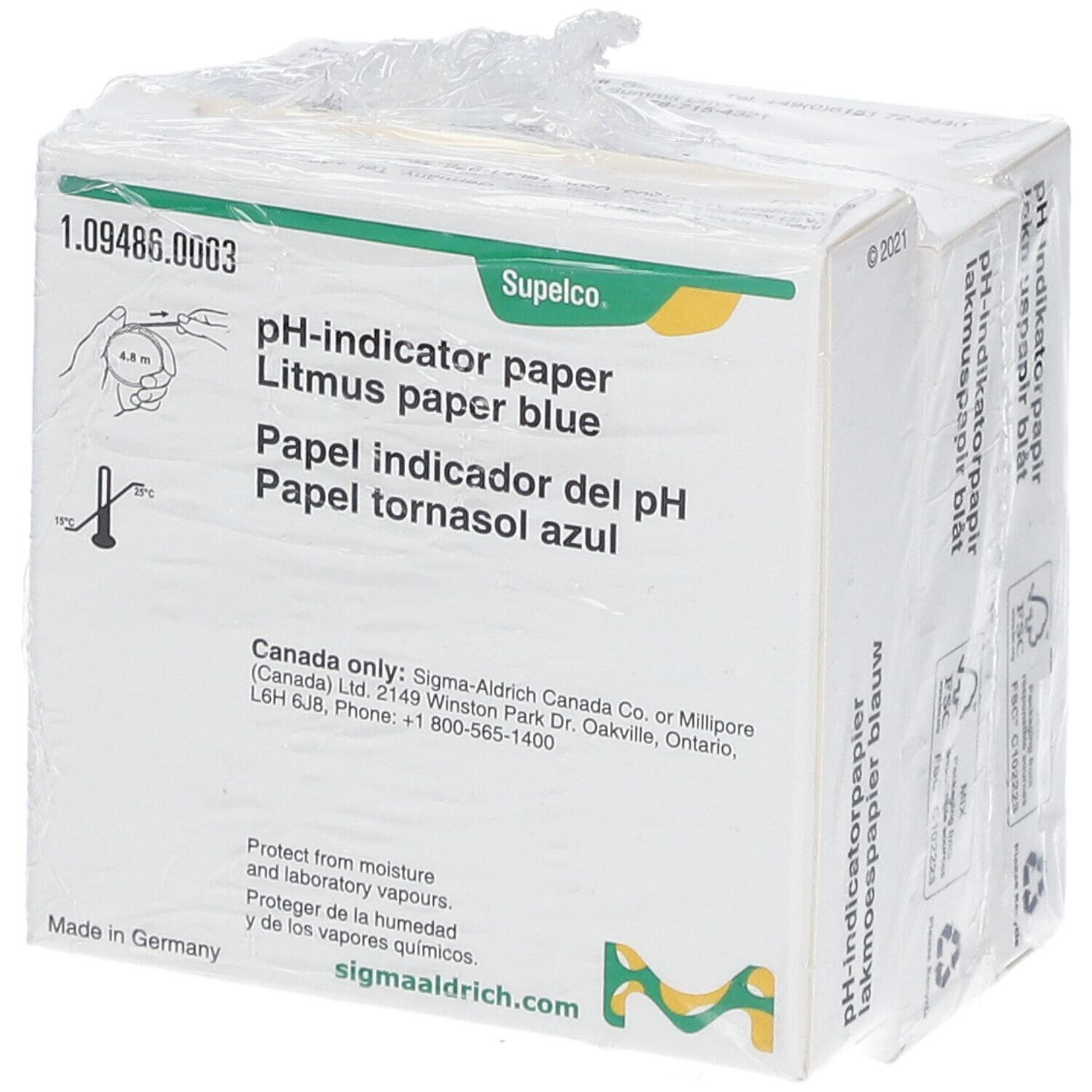 Emballage de papier indicateur de pH bleu. Inscription : papier indicateur de pH, papier tournesol bleu, Supeclo. Avec film protecteur.