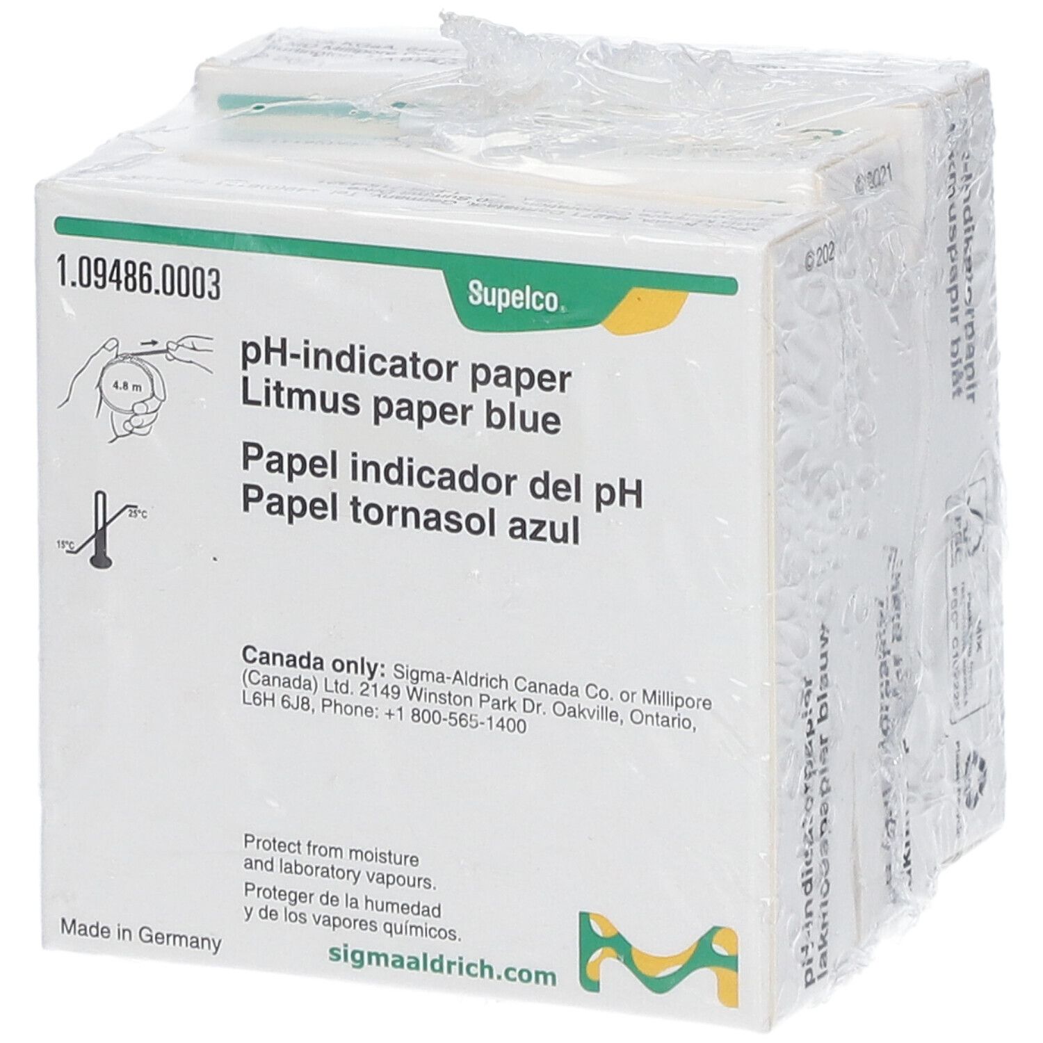 Emballage de papier indicateur de pH bleu. Inscription : papier indicateur de pH, papier tournesol bleu, Supeclo. Avec film protecteur.