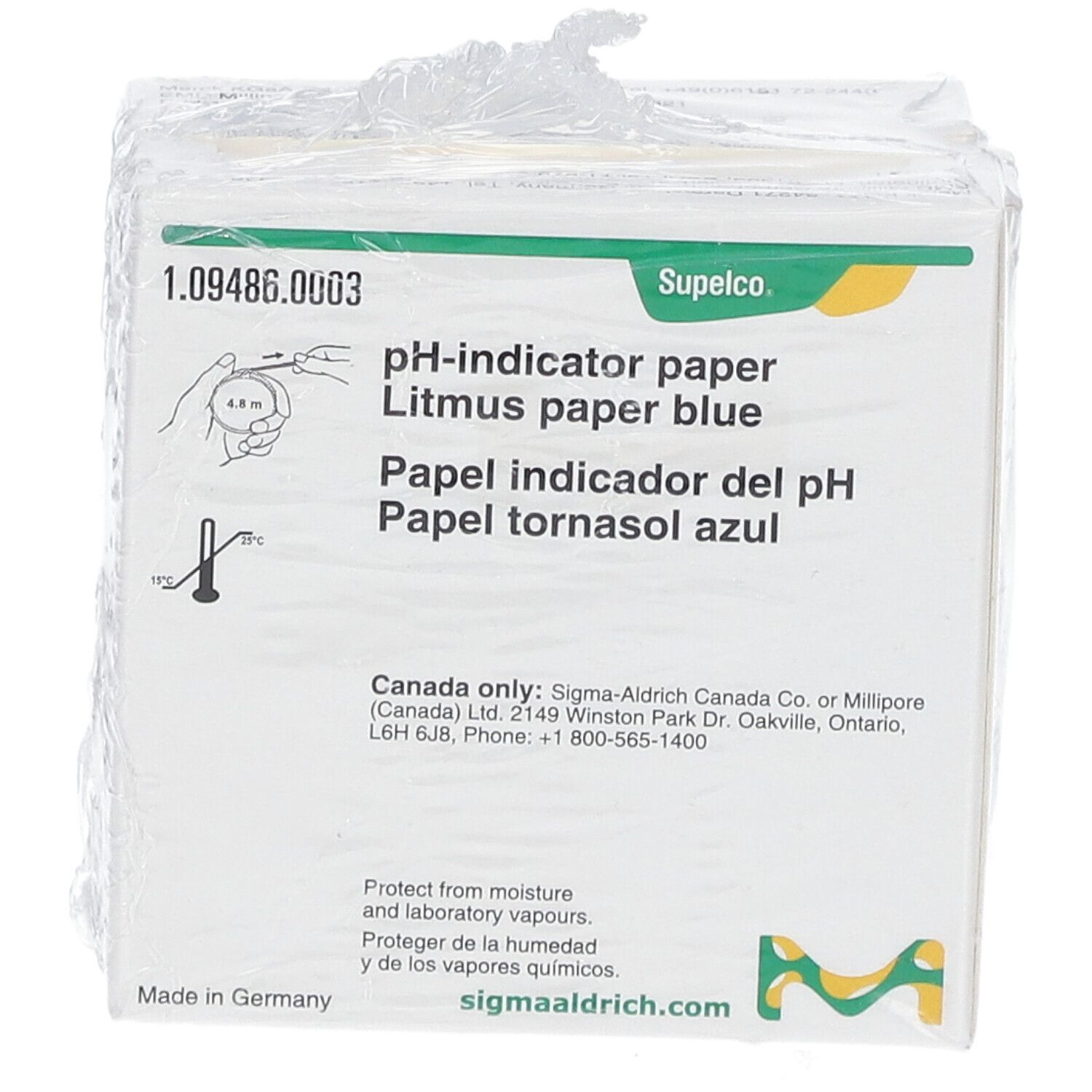 Emballage de papier indicateur de pH bleu. Inscription : papier indicateur de pH, papier tournesol bleu, Supeclo. Avec film protecteur.