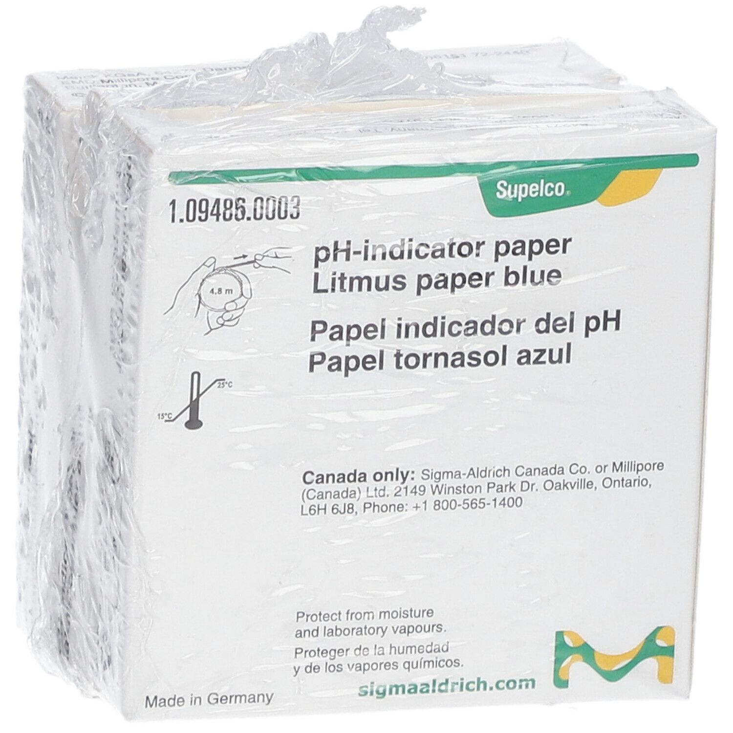 Emballage de papier indicateur de pH bleu. Inscription : papier indicateur de pH, papier tournesol bleu, Supeclo. Avec film protecteur.