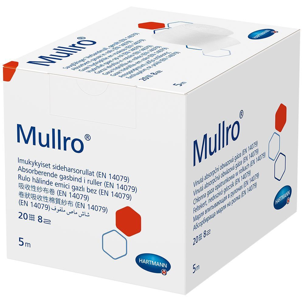 Boîte de gaze Hartmann Mullro®. Boîte blanche avec nom et logo du produit. Rouleau de 5m, 20 fils, 8 plis.
