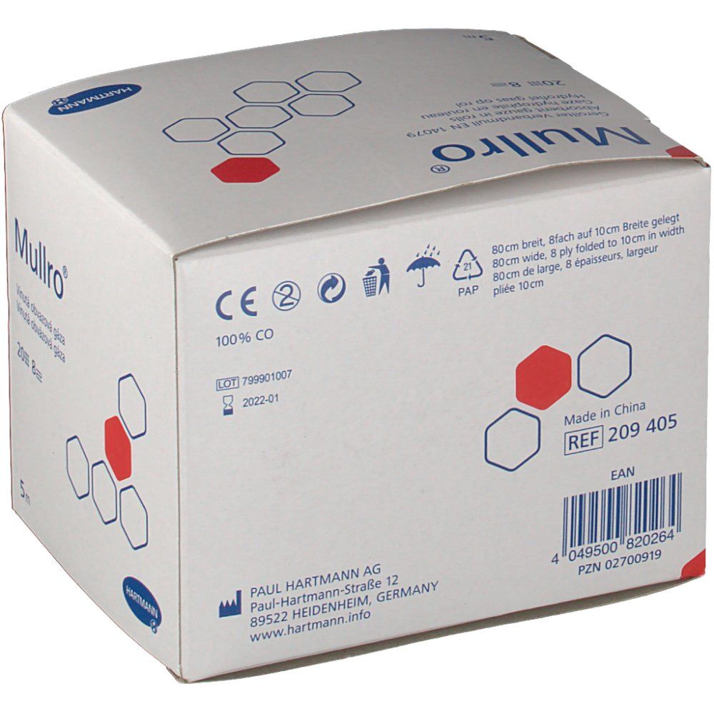 Boîte Hartmann Mullro®. Boîte blanche avec informations et logo. Marquage CE, numéro REF, code EAN.