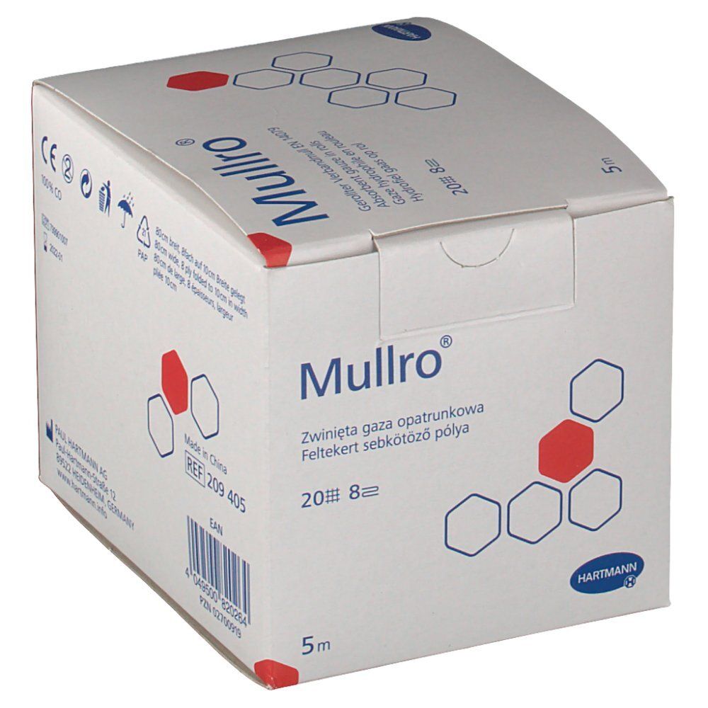 Boîte Hartmann Mullro®. Boîte blanche avec nom et logo du produit. Rouleau de 5m, 20 fils, 8 plis.